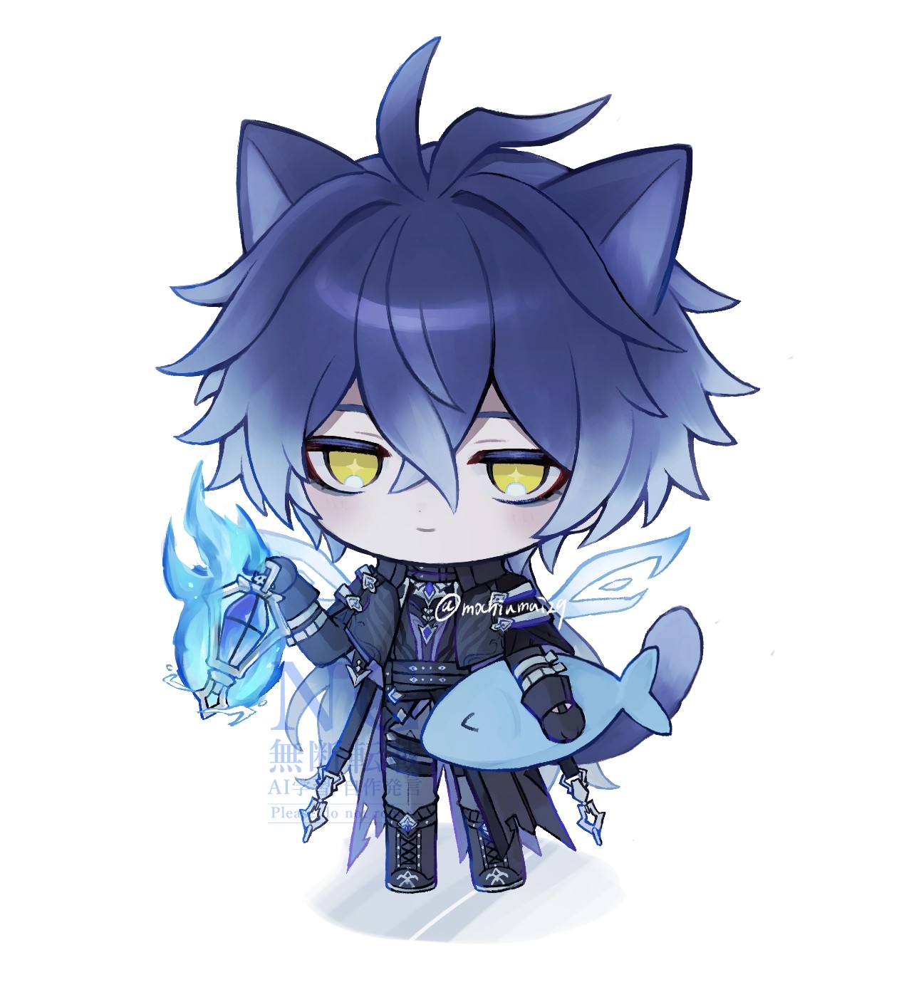 mochiumai29, flins (genshin impact), genshin impact, commentary, highres, 1boy, animal, animal ears, antenna hair, bags under eyes, belt, black boots, black coat, black gloves, blue fire, blue hair, blue wings, blush, boots, chibi, chibi only, closed mouth, coat, collared coat, dot nose, energy wings, fire, fish, full body, gloves, grey pants, hair between eyes, holding, holding animal, holding fish, holding lantern, kemonomimi mode, lantern, light smile, long hair, long sleeves, looking at viewer, male focus, pants, simple background, solo, twitter username, white background, wings, yellow eyes