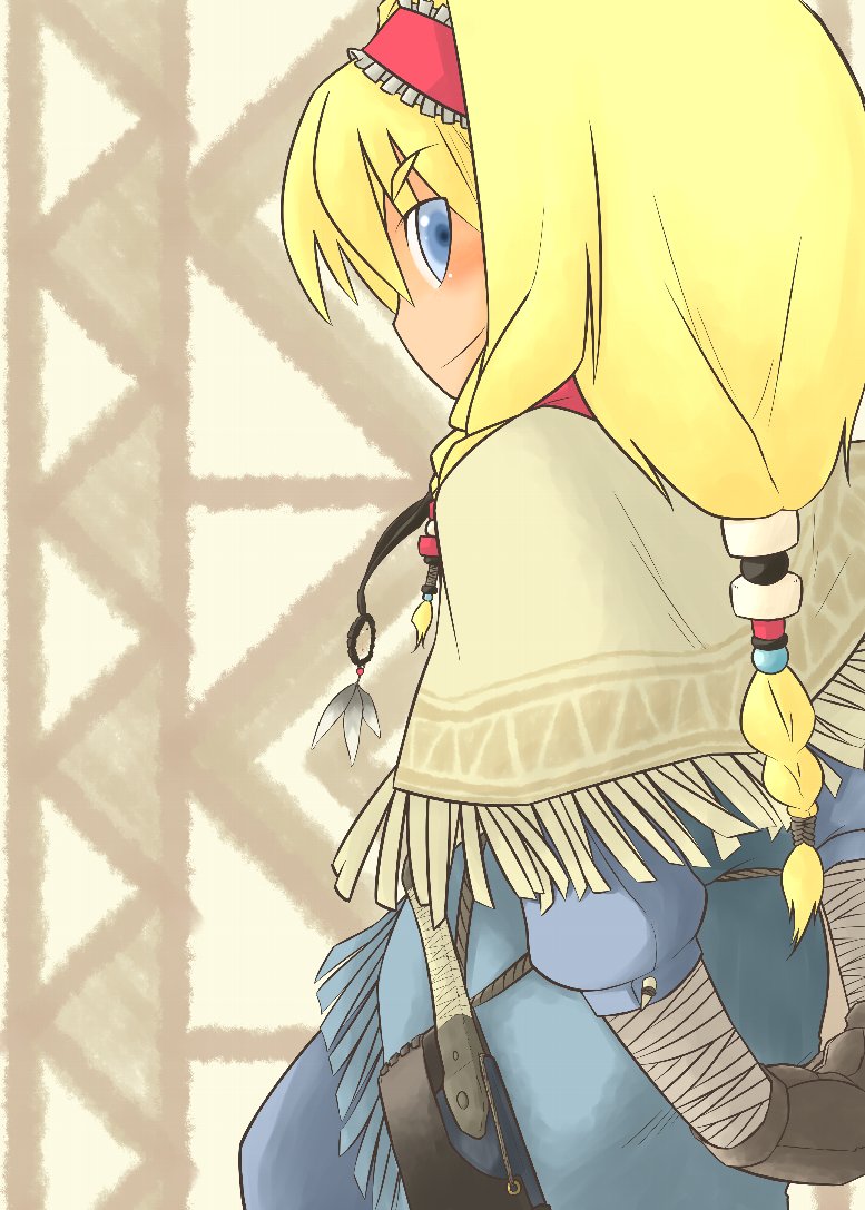 ogihara mach, alice margatroid, touhou, 1girl, alternate costume, alternate hairstyle, back, blonde hair, blue eyes, bow, braid, dress, female focus, frills, from behind, gloves, hair bow, smile, solo