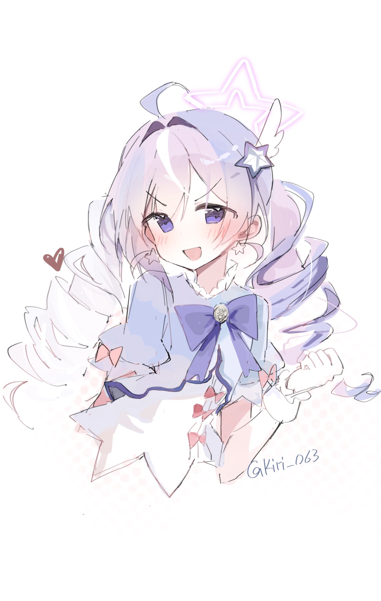 kiri y, reisa (blue archive), blue archive, highres, 1girl, ahoge, bow, bowtie, drill hair, gloves, hair ornament, halo, long hair, magical girl, multicolored hair, purple eyes, solo, star (symbol), star hair ornament, two-tone hair, upper body, white gloves