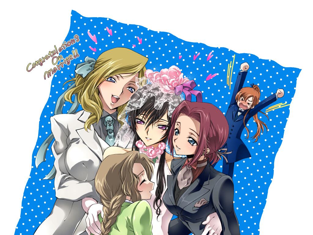 kouzuki kallen, lelouch vi britannia, luluko, milly ashford, nunnally vi britannia, shirley fenette, code geass, gender request, 00s, 1boy, 4girls, androgynous, blonde hair, blue eyes, blush, brown hair, closed eyes, crossdressing, dress, flower, formal clothes, genderswap, heart, long hair, multiple girls, orange hair, ponytail, purple eyes, red hair, reverse trap, short hair, suit, trap, wedding dress