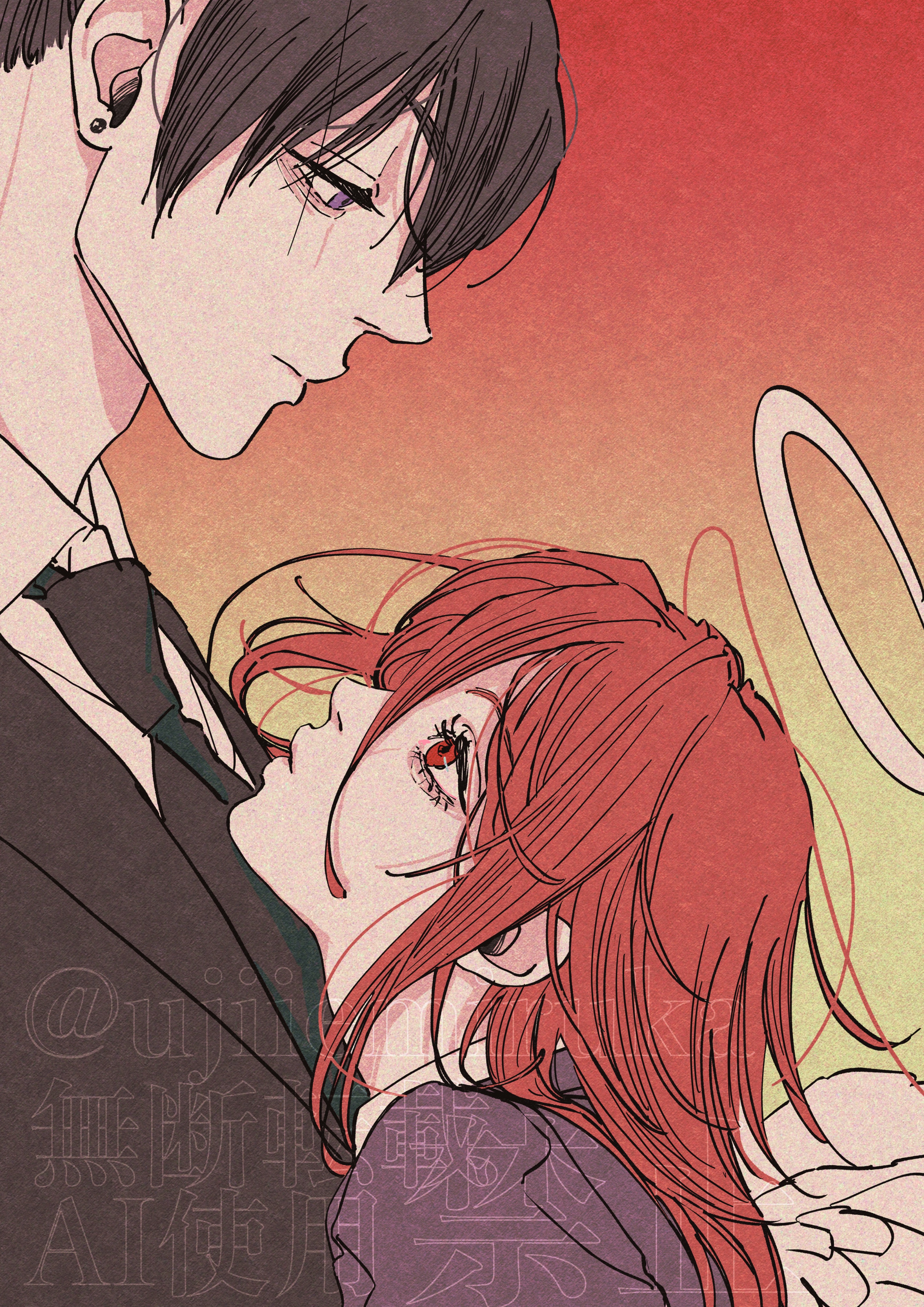 angel devil (chainsaw man), hayakawa aki, chainsaw man, absurdres, commentary request, highres, 2boys, angel wings, black hair, black jacket, black necktie, closed mouth, collared shirt, earrings, eye contact, eyelashes, from side, gradient background, grey eyes, halo, jacket, jewelry, lapels, long hair, looking at another, looking down, looking up, male focus, multiple boys, necktie, parted bangs, piercing, profile, red hair, shirt, suit jacket, ujiiemiruka, upper body, watermark, white shirt, white wings, wing collar, wings
