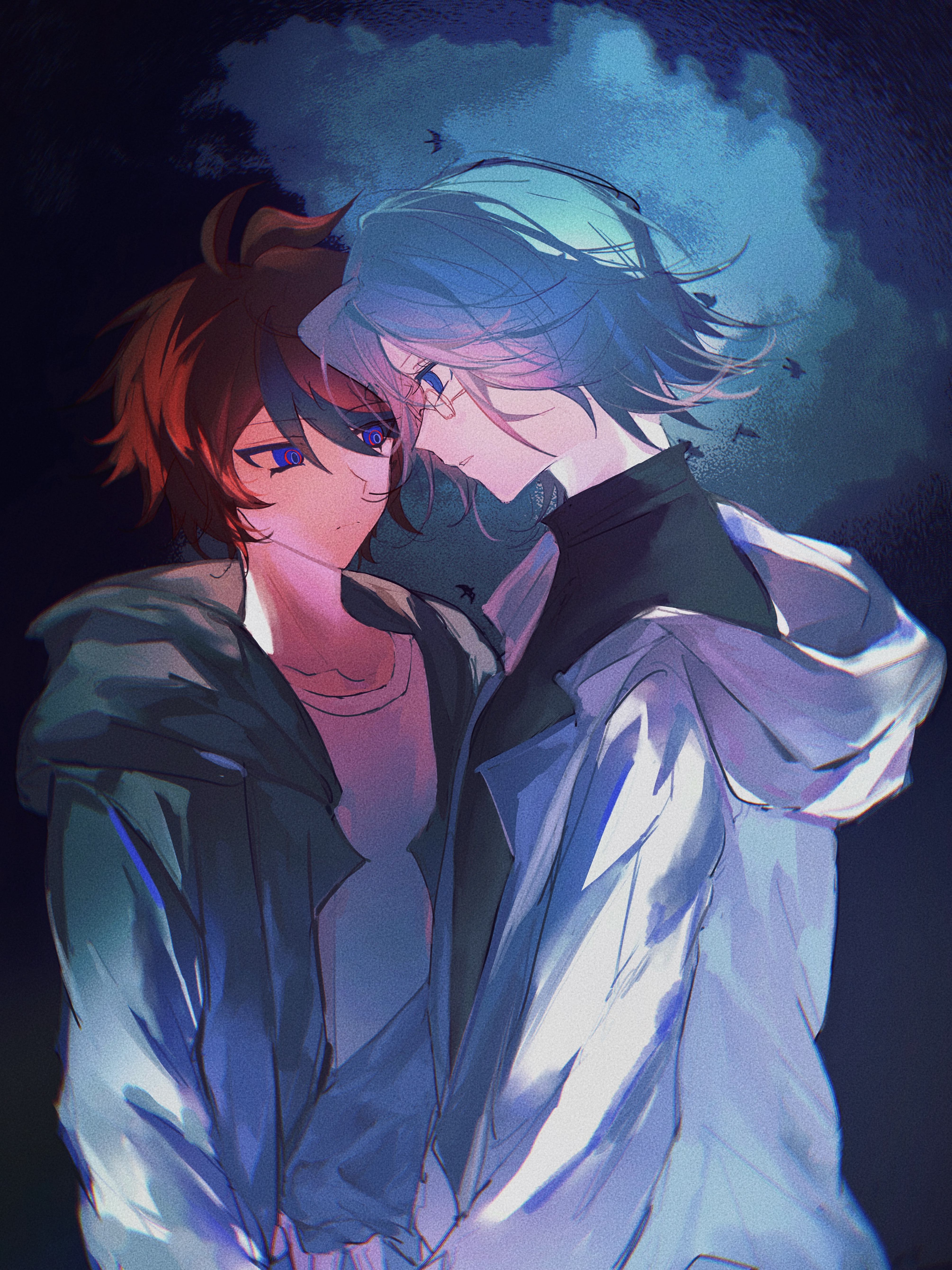 aotsuki eito, sumino takumi, the hundred line -last defense academy-, absurdres, chinese commentary, commentary request, highres, 2boys, ahoge, alternate costume, black hair, black jacket, black sweater, blue eyes, closed mouth, cloud, collarbone, film grain, glasses, grey hair, hood, hood down, hoodie, jacket, long sleeves, male focus, multicolored hair, multiple boys, night, night sky, no sclera, open clothes, open jacket, outdoors, red hair, shirt, short hair, sky, streaked hair, sweater, turtleneck, turtleneck sweater, two-tone hair, white hoodie, white shirt, yamiyoxi