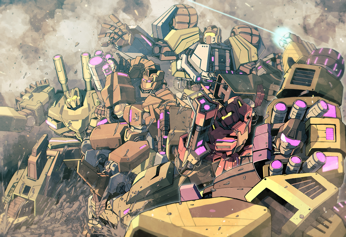 borezet, blast off (transformers), brawl (transformers), onslaught (transformers), swindle (transformers), vortex (transformers), transformers, transformers: fall of cybertron, arm cannon, assault visor, combaticon, decepticon, humanoid robot, no humans, purple eyes, purple visor, robot, tank turret, weapon, yellow visor