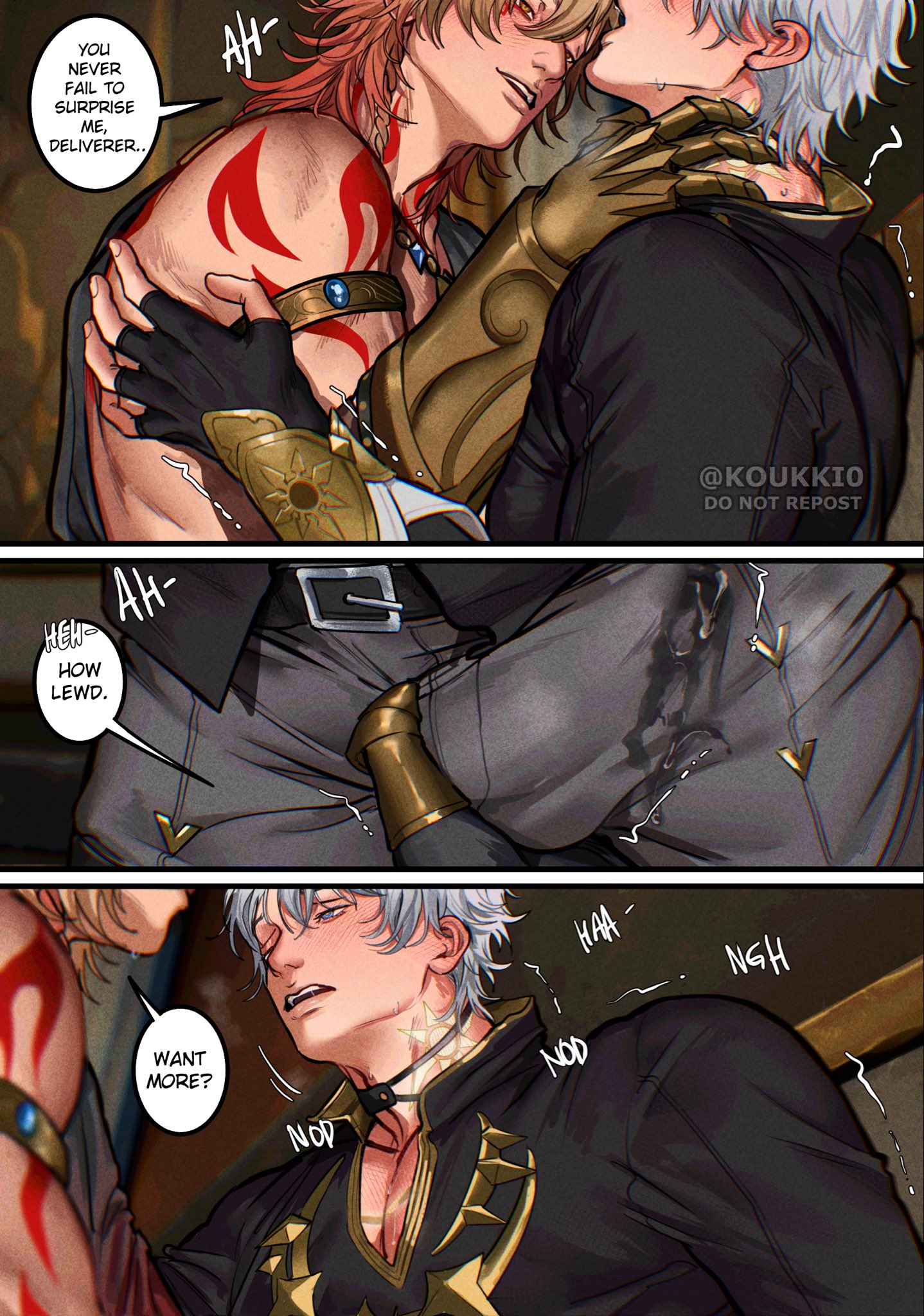 yukaero4, mydei (honkai: star rail), phainon (honkai: star rail), honkai: star rail, honkai (series), gold armlet, commentary, english commentary, highres, paid reward available, 2boys, arm tattoo, armlet, blonde hair, blue hair, blush, bulge, clawed gauntlets, ejaculation under clothes, english text, gradient hair, jewelry, male focus, multicolored hair, multiple boys, neck tattoo, pants, red hair, red tattoo, short hair, speech bubble, sun symbol, sun tattoo, sweat, tan, tattoo, teeth, twitter username, two-tone hair, upper teeth only, yaoi