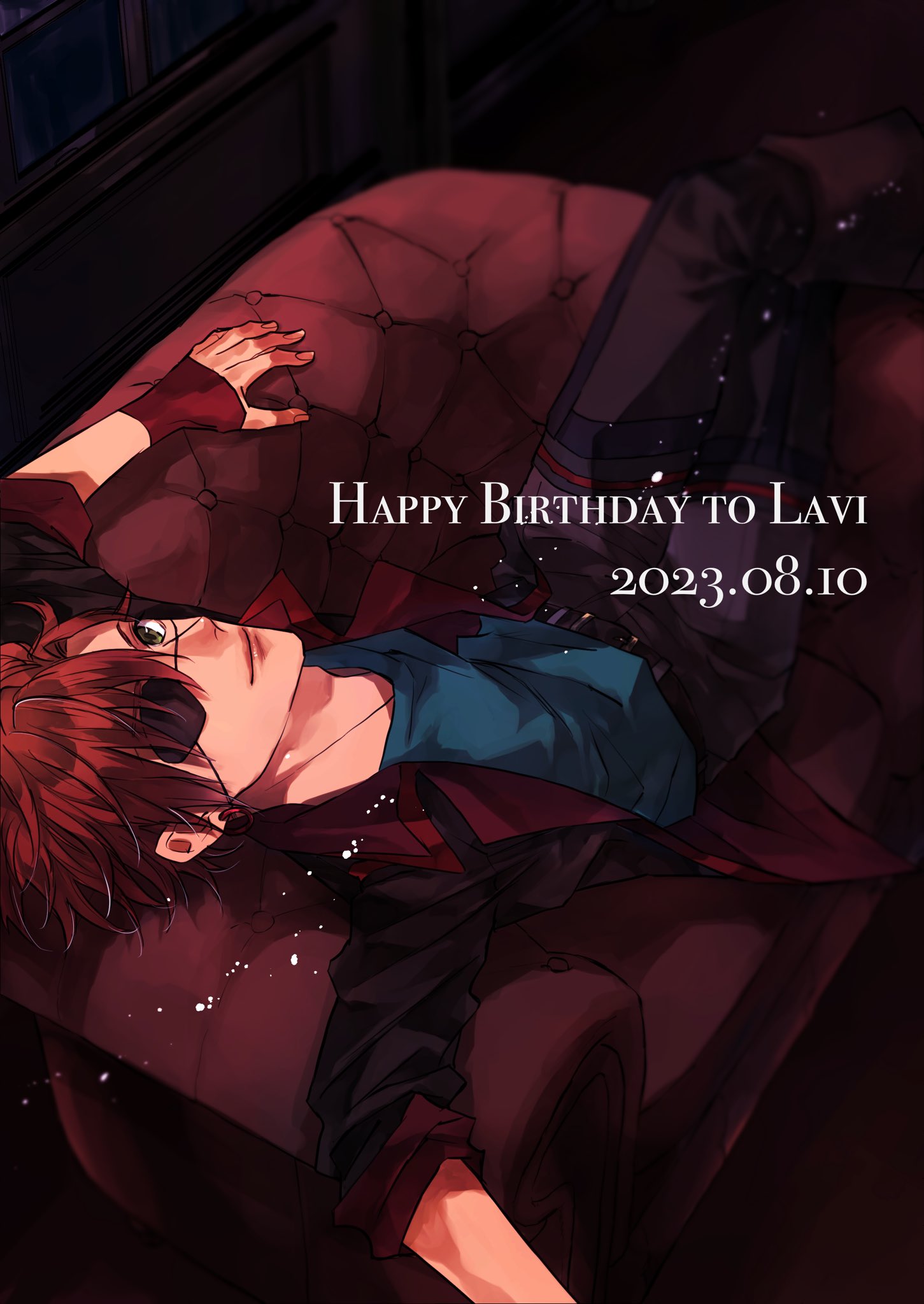 lavi, d.gray-man, highres, 1boy, belt, birthday, black jacket, black order uniform, blue shirt, boots, brown boots, collared jacket, couch, crossed legs, earrings, english text, eyepatch, fingerless gloves, from above, gloves, green eyes, hair between eyes, happy birthday, hoop earrings, indoors, jacket, jewelry, koshian (mruc9), light smile, lips, long sleeves, looking at viewer, lying, male focus, messy hair, on back, on couch, one eye covered, open clothes, open jacket, pants, purple pants, red gloves, red hair, shirt, short hair, sidelocks, single glove, sleeves rolled up, smile, solo, sparkle, striped clothes, striped jacket, thigh boots, vertical-striped clothes, vertical-striped jacket, window