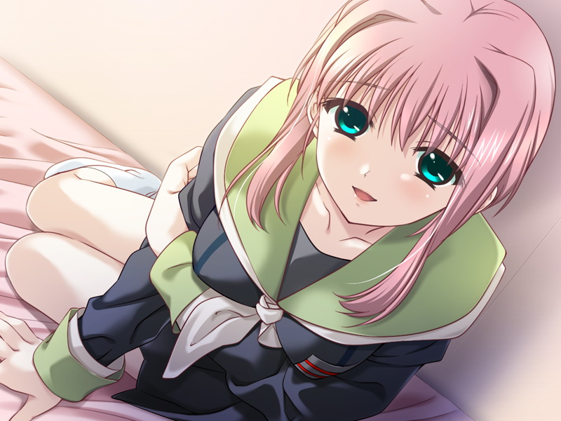 santa matsuri, nanase ren, mink (company), ren no koi, yakin byoutou, game cg, non-web source, 00s, 1girl, bed, dutch angle, female focus, green eyes, long hair, looking at viewer, open mouth, pink hair, school uniform, serafuku, solo