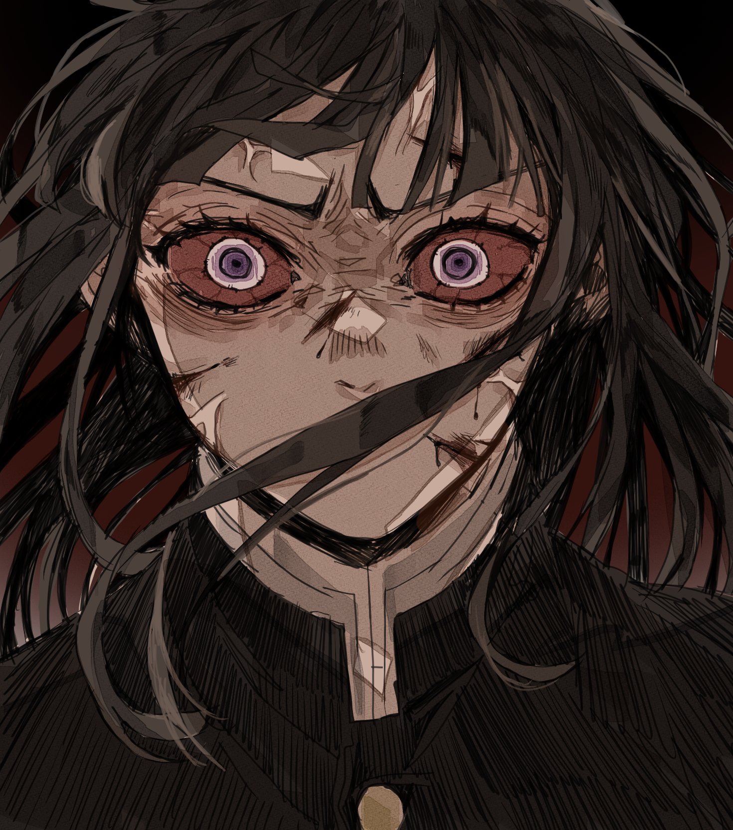 tsuyuri kanao, kimetsu no yaiba, commentary, highres, 1girl, black hair, black jacket, buttons, covered mouth, demon slayer uniform, frown, gold buttons, gradient background, high collar, jacket, long hair, looking at viewer, purple eyes, red background, solo, upper body, v-shaped eyebrows, veiny face, yakitorisan09