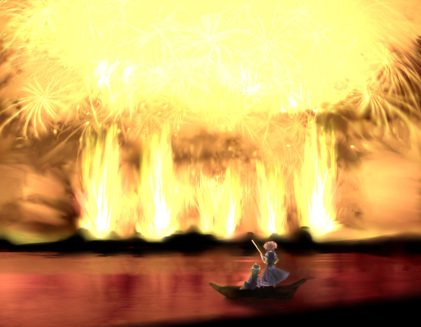 yoshioka yoshiko, onozuka komachi, shiki eiki, touhou, 2girls, aerial fireworks, back, boat, female focus, fireworks, green hair, hair bobbles, hair ornament, hat, multiple girls, oar, pink hair, reflection, rowboat, scenery, short hair, water, watercraft