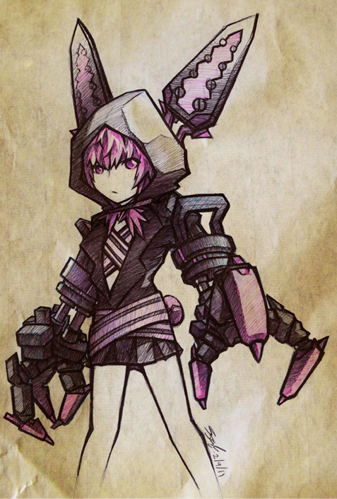 sazienas, nafhe, black rock shooter, black rock shooter (game), 1girl, animal ears, animal hood, black hoodie, crossed belts, hood, hoodie, mechanical arms, pink eyes, pink hair, rabbit ears, rabbit hood