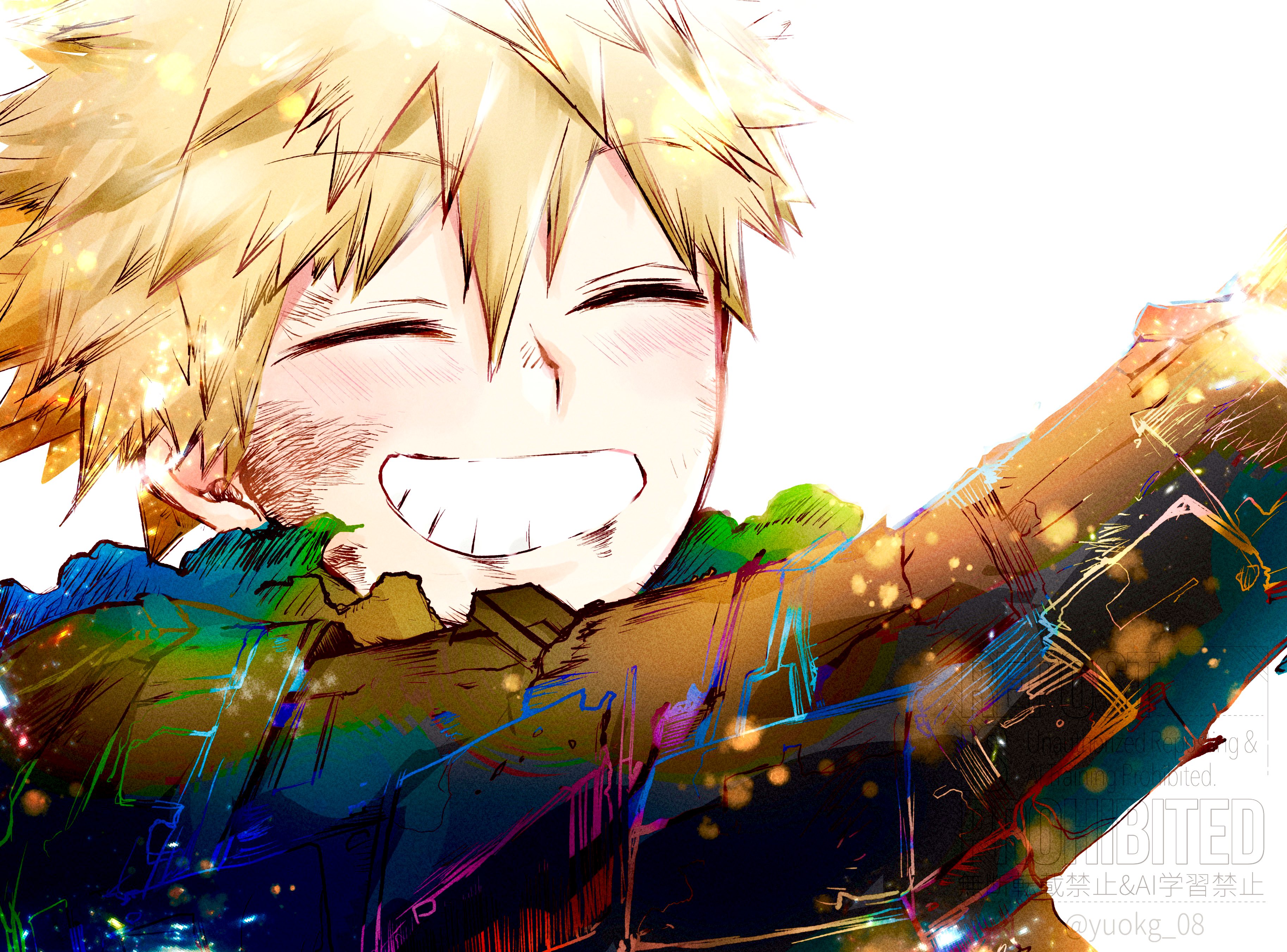 bakugou katsuki, boku no hero academia, absurdres, commentary, highres, symbol-only commentary, 1boy, arm up, blonde hair, bruise, bruise on face, closed eyes, grin, injury, long sleeves, male focus, short hair, simple background, smile, solo, spiked hair, teeth, torn clothes, watermark, white background, yuokg 08