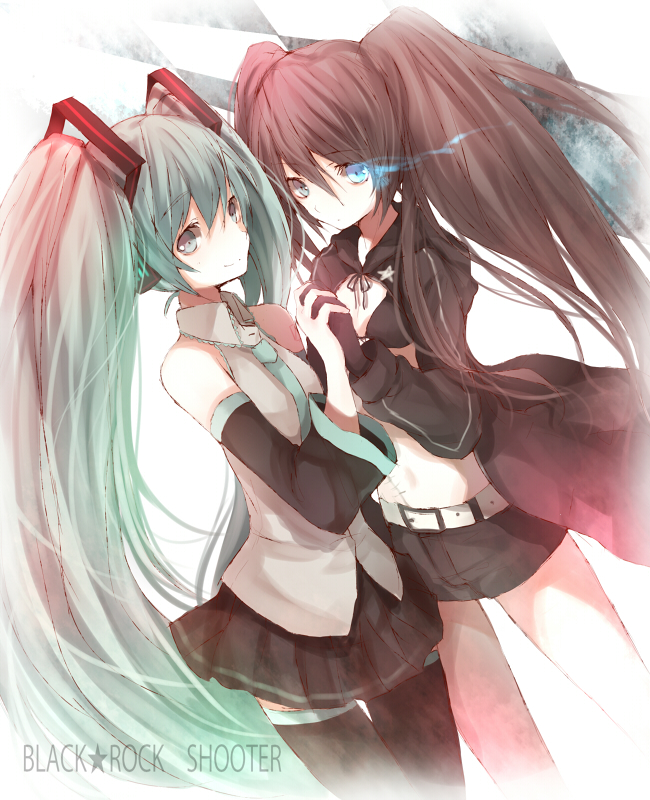 tetsuo (tashirosu), black rock shooter (character), hatsune miku, black rock shooter, vocaloid, bad id, bad pixiv id, 10s, 2girls, aqua eyes, aqua hair, belt, bikini, bikini top only, black hair, blue eyes, cape, detached sleeves, headphones, long hair, midriff, multiple girls, navel, necktie, scar, shorts, skirt, swimsuit, thighhighs, twintails, very long hair, yuri, zettai ryouiki