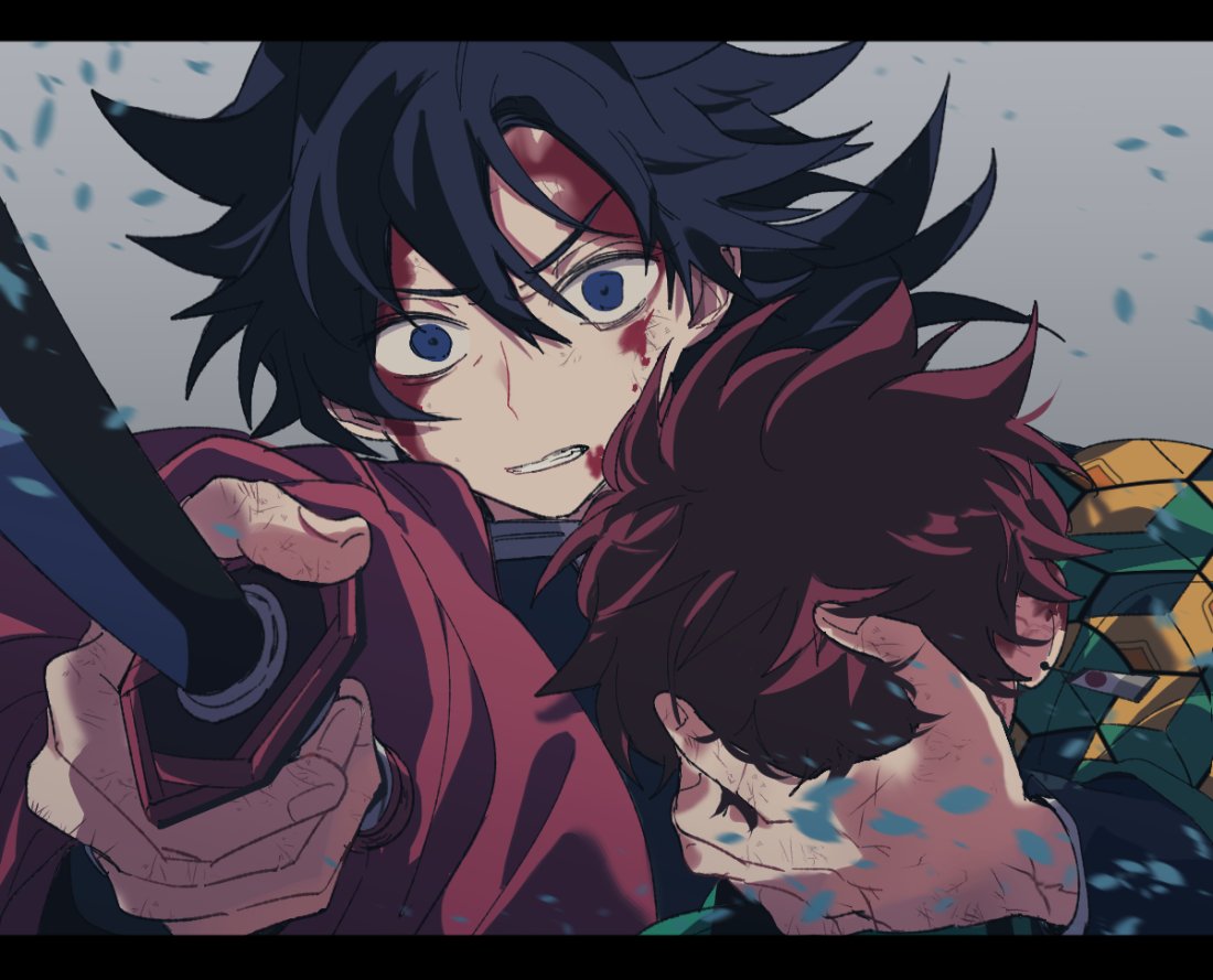 kamado tanjirou, tomioka giyuu, kimetsu no yaiba, 2boys, black hair, black jacket, blood, blood on face, blue eyes, demon slayer uniform, dok9uuu, haori, high collar, holding, holding sword, holding weapon, jacket, japanese clothes, katana, kikkoumon, letterboxed, looking at viewer, low ponytail, male focus, multiple boys, ponytail, print haori, red haori, spiked hair, sword, upper body, weapon