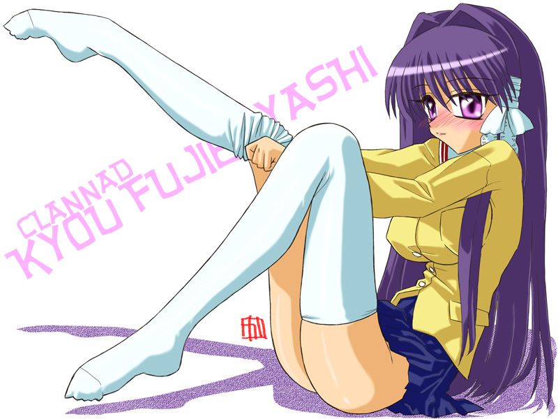 calypso, fujibayashi kyou, clannad, 00s, 1girl, bad anatomy, blush, dressing, female focus, long hair, poorly drawn, purple eyes, purple hair, school uniform, solo, thighhighs