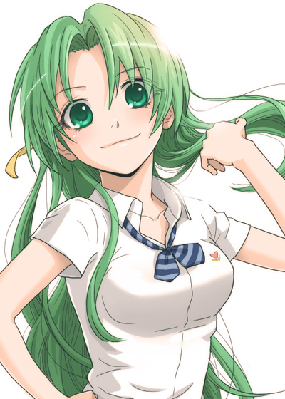 sonozaki shion, higurashi no naku koro ni, 00s, 1girl, adjusting hair, female focus, green eyes, green hair, long hair, matching hair/eyes, solo