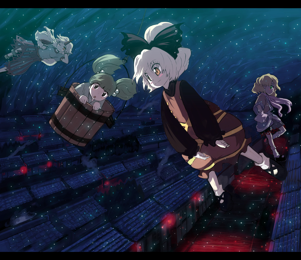 shape, syope, hoshiguma yuugi, kisume, kurodani yamame, mizuhashi parsee, touhou, 4girls, bucket, female focus, horns, in bucket, in container, letterboxed, multiple girls, single horn