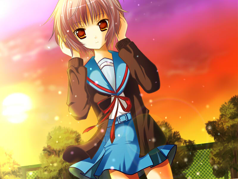 kino (kino konomi), kino konomi, nagato yuki, suzumiya haruhi no yuuutsu, bad id, bad pixiv id, 00s, 1girl, cardigan, female focus, school uniform, serafuku, short hair, solo, sun
