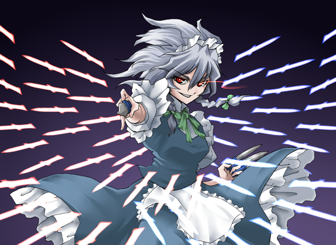 rurie (lourie), izayoi sakuya, embodiment of scarlet devil, touhou, silver hair, bad id, bad pixiv id, 1girl, braid, danmaku, female focus, glowing, glowing eye, knife, light trail, red eyes, short hair, smirk, solo, throwing knife, twin braids, weapon