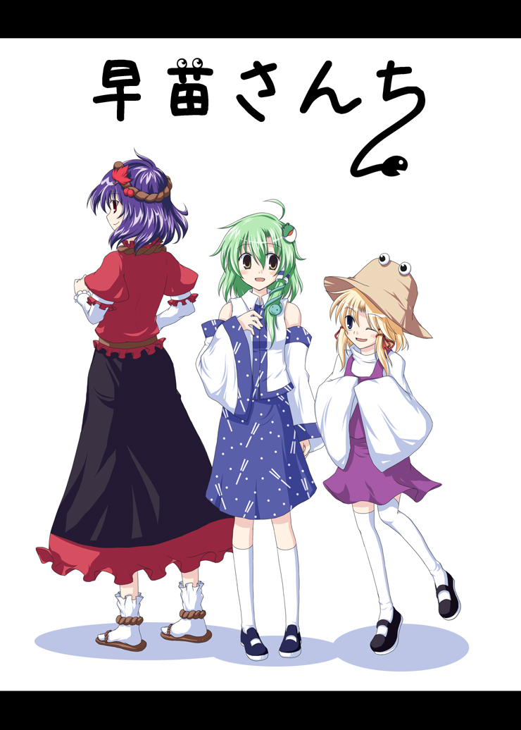 bluepony, kochiya sanae, moriya suwako, yasaka kanako, touhou, 3girls, ahoge, blonde hair, detached sleeves, female focus, green hair, hat, multiple girls, purple hair, thighhighs, wink