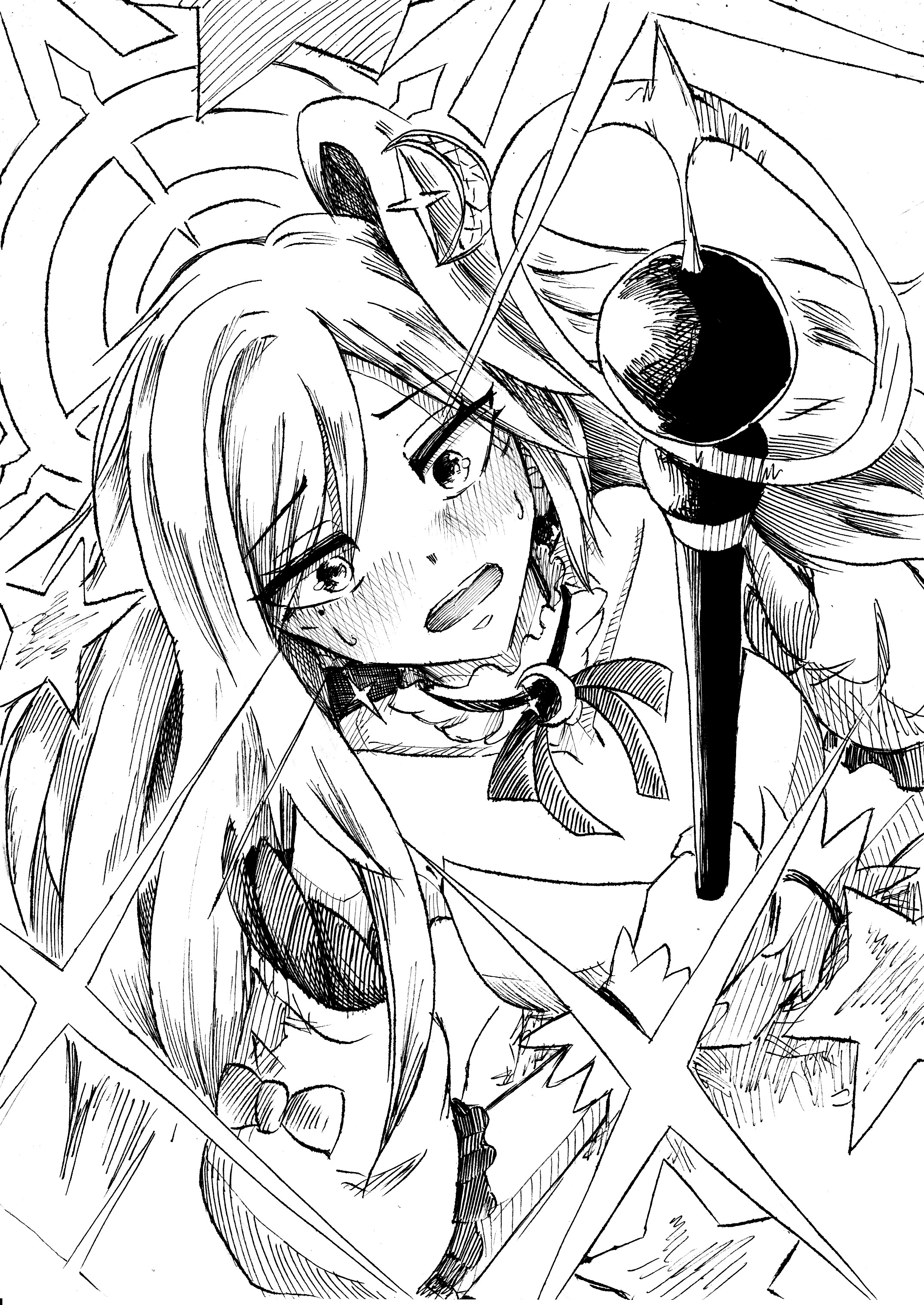 suzumi (blue archive), blue archive, absurdres, commentary request, highres, 1girl, bare shoulders, blush, collarbone, crescent, detached collar, detached sleeves, embarrassed, from above, greyscale, halo, head wings, long hair, magical girl, monochrome, orb, single hair intake, single head wing, sleeve bow, solo, sparkle, suzumi (magical) (blue archive), sweatdrop, uzoym43218, very long hair, wand, wings