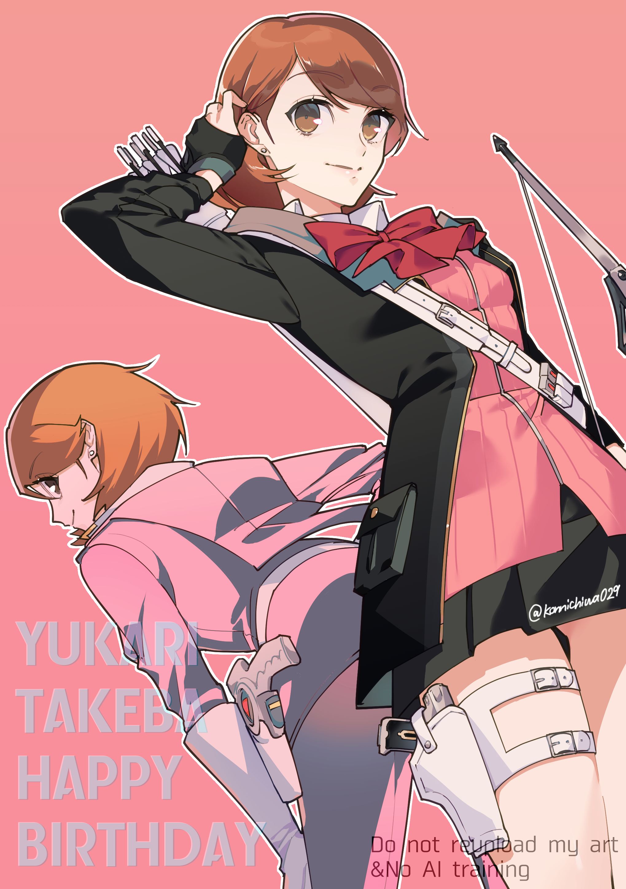 otoseto, takeba yukari, persona, persona 3, persona 3 reload, persona 4: the ultimate in mayonaka arena, persona 4: the ultimax ultra suplex hold, tokusatsu, absurdres, commentary request, highres, 2girls, adjusting hair, archery shooting glove, arrow (projectile), back-to-back, belt, birthday, black gloves, black jacket, black skirt, bodysuit, bow, bow (weapon), bowtie, brown eyes, brown hair, capelet, cardigan, character name, closed mouth, collared shirt, dual persona, earrings, evoker, feet out of frame, gekkoukan high school uniform, gloves, hand on own thigh, happy birthday, holding, holding bow (weapon), holding weapon, holster, jacket, jewelry, leaning forward, looking at viewer, looking back, miniskirt, multiple girls, open clothes, open jacket, partially fingerless gloves, pink background, pink bodysuit, pink capelet, pink cardigan, pink skirt, pleated skirt, quiver, red bow, red bowtie, ribbed cardigan, school uniform, shirt, shirt under sweater, short hair, skirt, smile, stud earrings, thigh holster, thighs, weapon, white belt, white gloves, white shirt