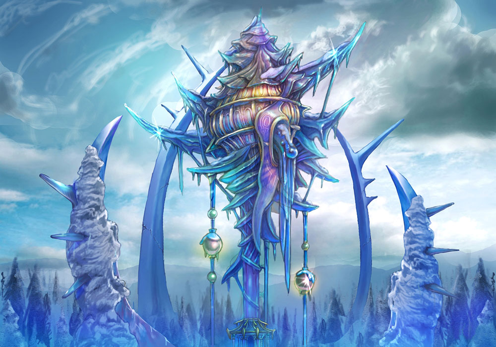 trusty bell, light, official art, building, cloud, cloudy sky, crystal, fantasy, no humans, outdoors, scenery, sky, tower