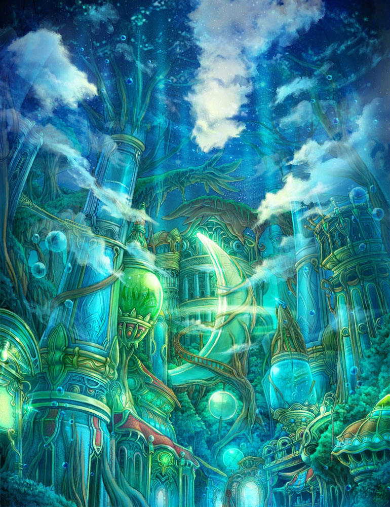 trusty bell, official art, arch, cloud, crescent, elegy of the moon, no humans, outdoors, pillar, ruins, scenery, temple