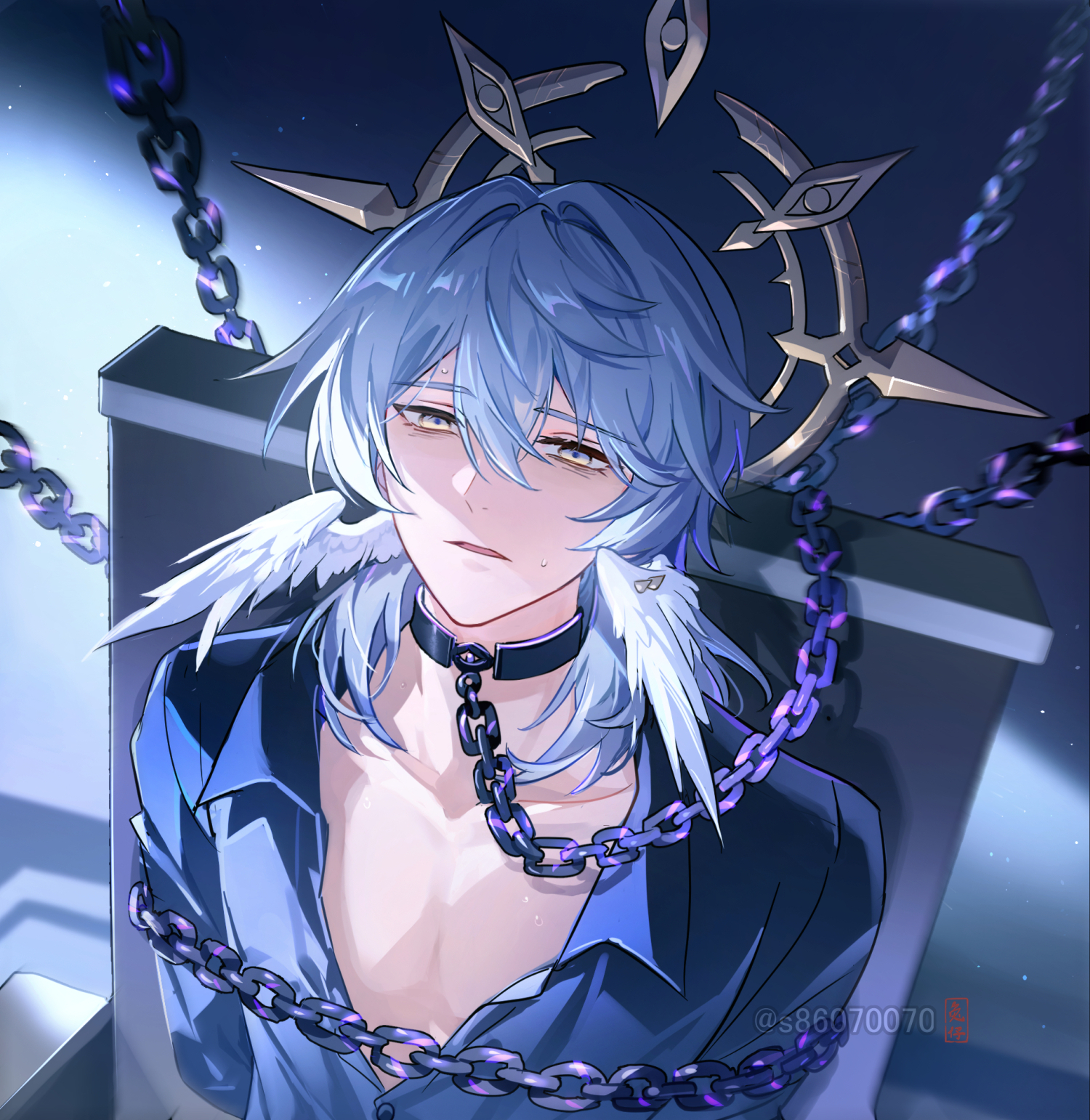 usagishi, sunday (honkai: star rail), honkai: star rail, honkai (series), commentary, highres, 1boy, arms behind back, bags under eyes, black shirt, blue pupils, blurry, bound, chain, chained, collar, collared shirt, depth of field, empty eyes, feathered wings, grey hair, hair between eyes, halo, halo behind head, head wings, indoors, light particles, looking at viewer, male focus, medium hair, metal collar, open clothes, open shirt, parted lips, partially unbuttoned, pectoral cleavage, pectorals, piercing, shirt, solo, spiked halo, sweat, toned, toned male, twitter username, upper body, white wings, wing piercing, wings, yellow eyes