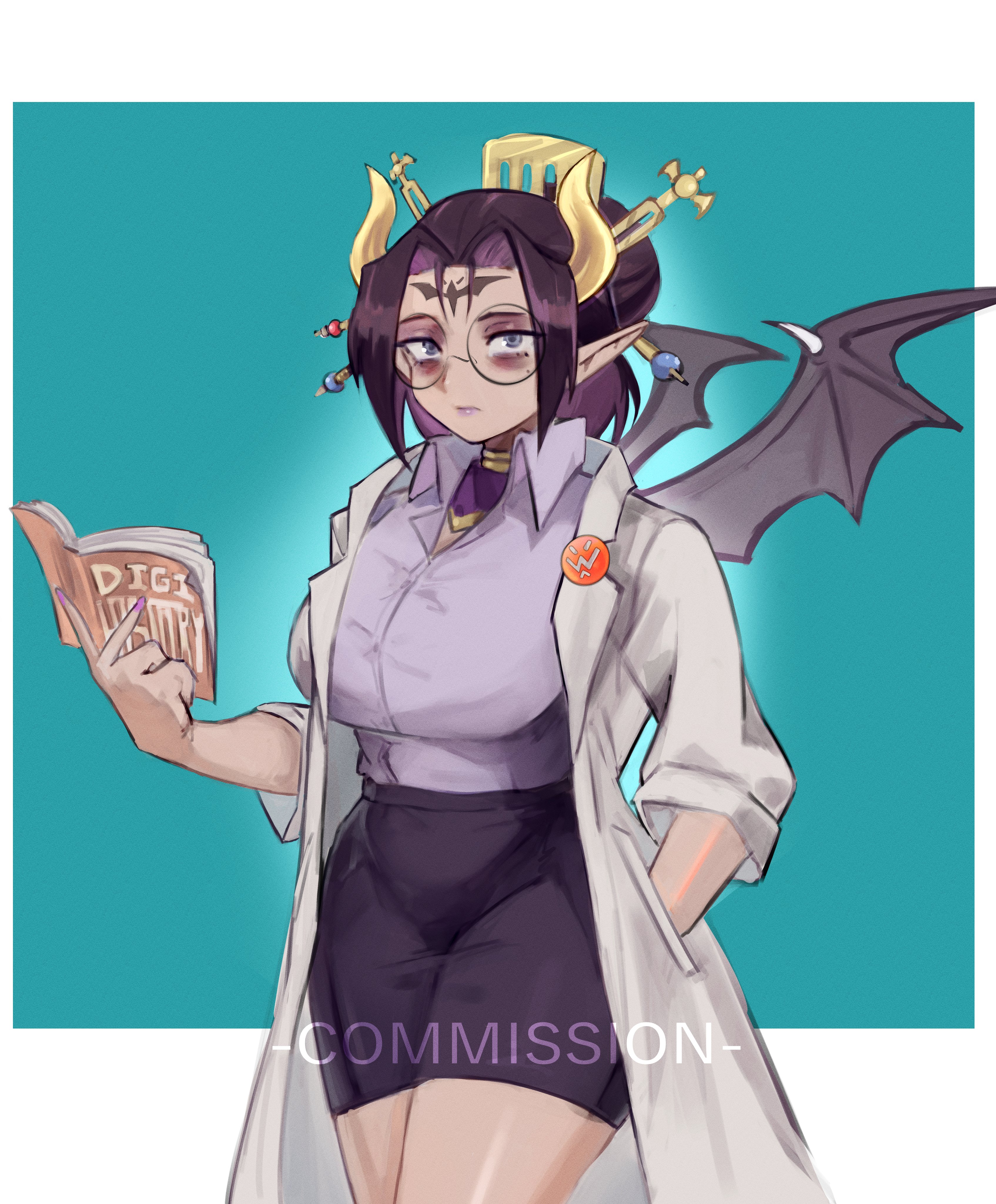 arupg, lilithmon, digimon, absurdres, commission, highres, 1girl, bags under eyes, black hair, black skirt, blue background, book, breasts, coat, cosplay, cowboy shot, demon girl, demon horns, demon wings, digimon (creature), facial mark, forehead mark, glasses, hair bun, holding, holding book, horns, lab coat, large breasts, miniskirt, mole, mole under eye, open clothes, open coat, pointy ears, purple lips, round eyewear, simple background, skirt, solo, terriermon joshu, terriermon joshu (cosplay), white coat, wings