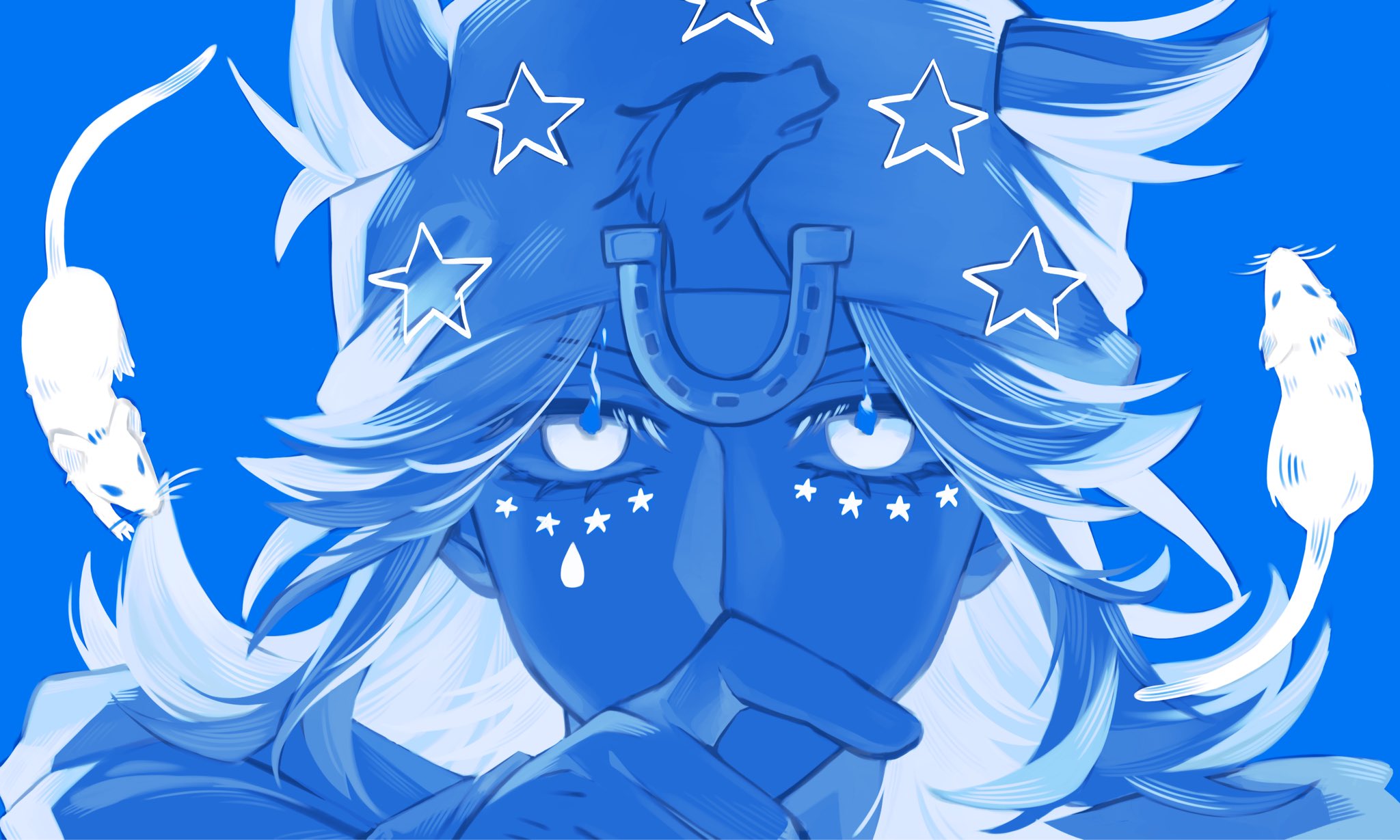 danny (sbr), johnny joestar, jojo no kimyou na bouken, steel ball run, hashtag-only commentary, highres, 1boy, beanie, blue background, blue theme, bun6758, covering own mouth, facial mark, flaming eyes, glowing, hat, horse print, horseshoe hat ornament, horseshoe ornament, long hair, looking at viewer, male focus, medium hair, monochrome, mouse (animal), portrait, simple background, solo, star (symbol), star print
