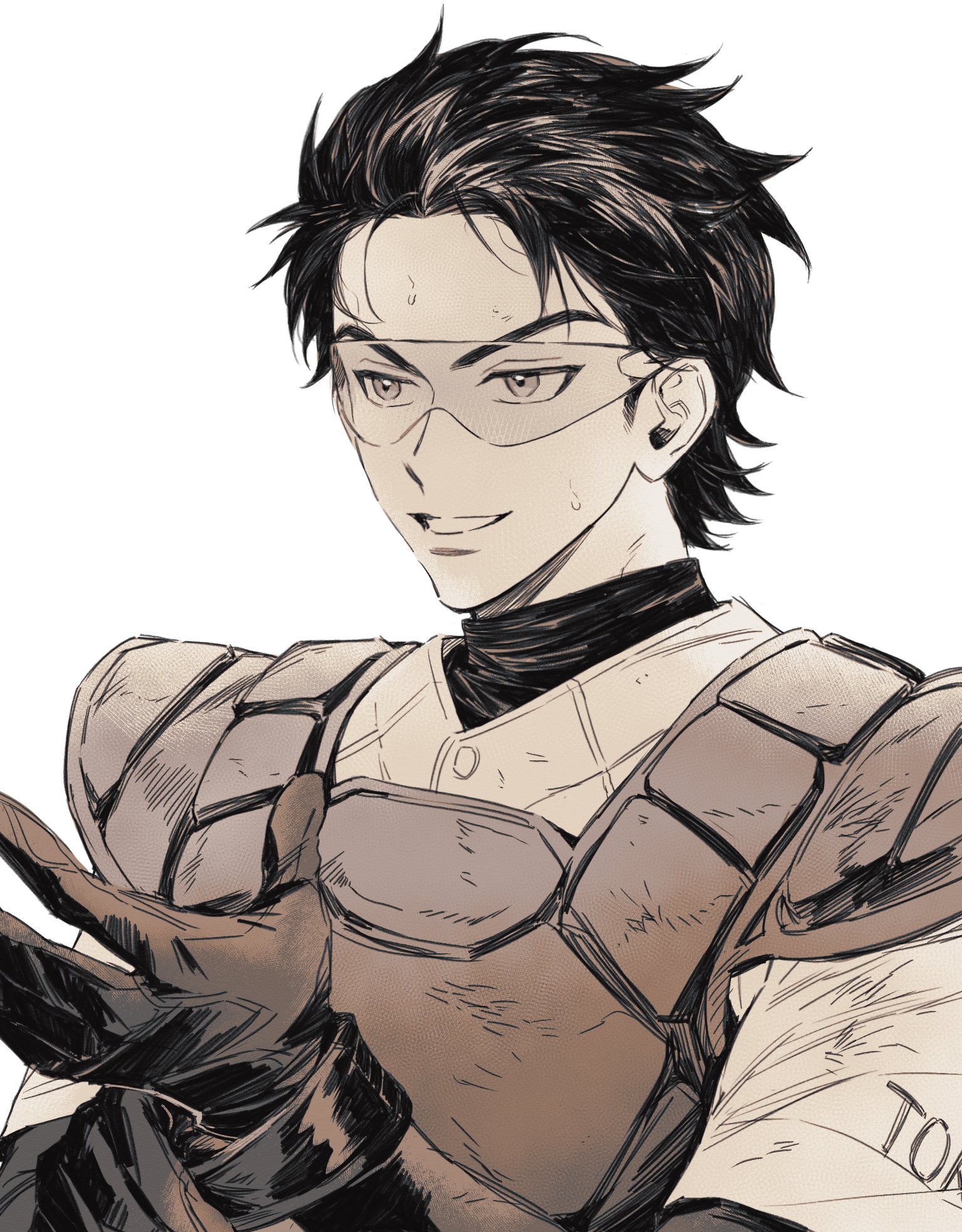 zechengm19, miyuki kazuya, ace of diamond, highres, 1boy, adjusting clothes, adjusting gloves, baseball uniform, chest protector, closed mouth, forehead, gloves, goggles, greyscale, hair slicked back, male focus, monochrome, short hair, simple background, solo, sportswear, sweat, teeth, upper body, v-shaped eyebrows, white background