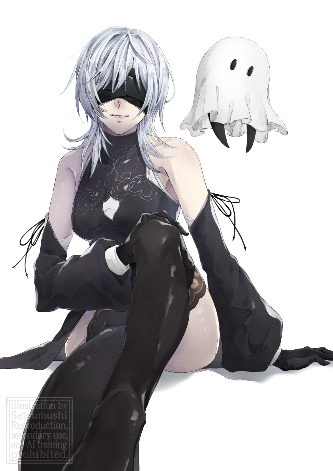 setsumushi, 10h (nier reincarnation), nier (series), nier reincarnation, commentary request, highres, 1girl, bare shoulders, black gloves, black sleeves, blindfold, closed mouth, detached sleeves, gloves, long hair, sheet ghost, simple background, sitting, smile, solo, watermark, white background, white hair