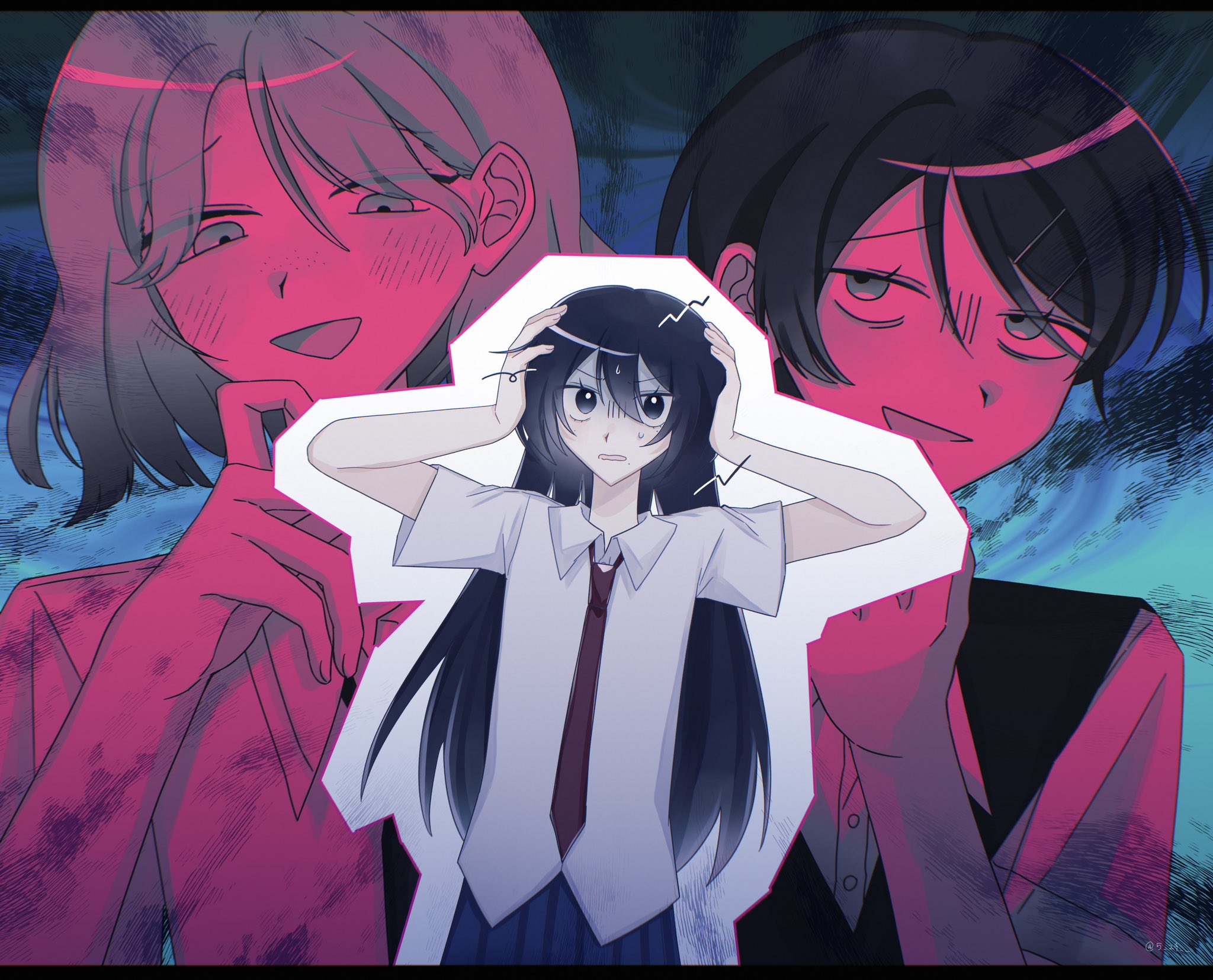 dai (5 29), kameya san, kouyama rin, tsuru asaka, futsuu no keion-bu, commentary request, highres, 3girls, arms up, black eyes, black hair, blush, collared shirt, dress shirt, hair ornament, hairpin, hand up, hands on own head, long hair, multiple girls, necktie, outline, parted bangs, pixie cut, pleated skirt, red necktie, shaded face, shirt, short hair, skirt, sweater vest, untucked shirt, upper body, v-shaped eyebrows, white outline, white shirt