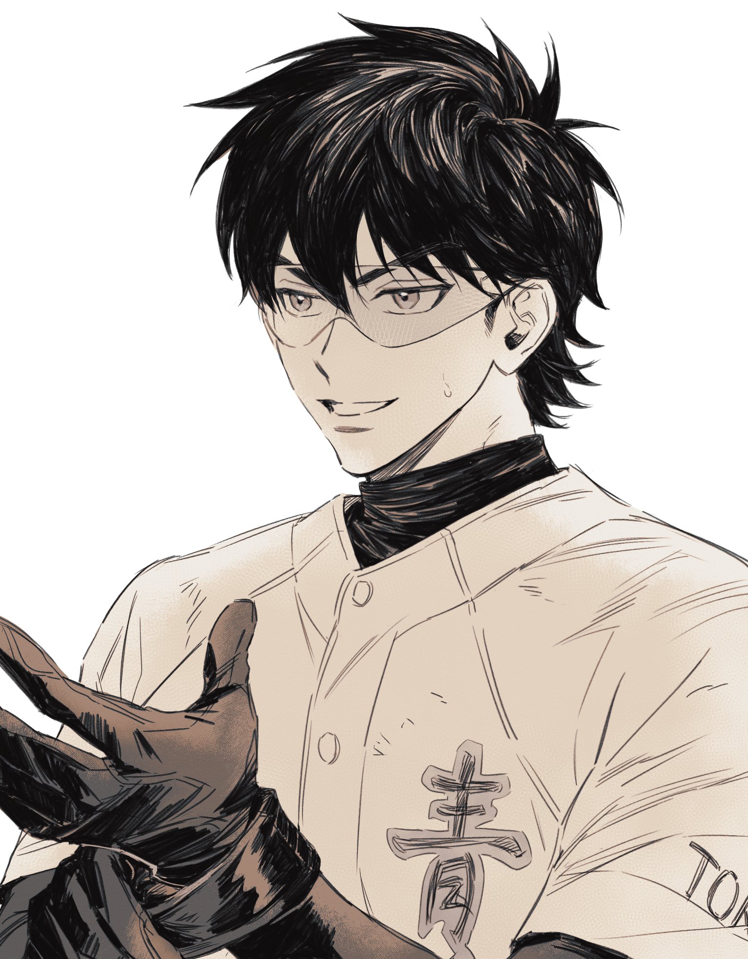 zechengm19, miyuki kazuya, ace of diamond, highres, translation request, 1boy, baseball uniform, buttons, closed mouth, clothes writing, gloves, goggles, hair between eyes, male focus, short hair, simple background, solo, sportswear, teeth, upper body, v-shaped eyebrows, white background