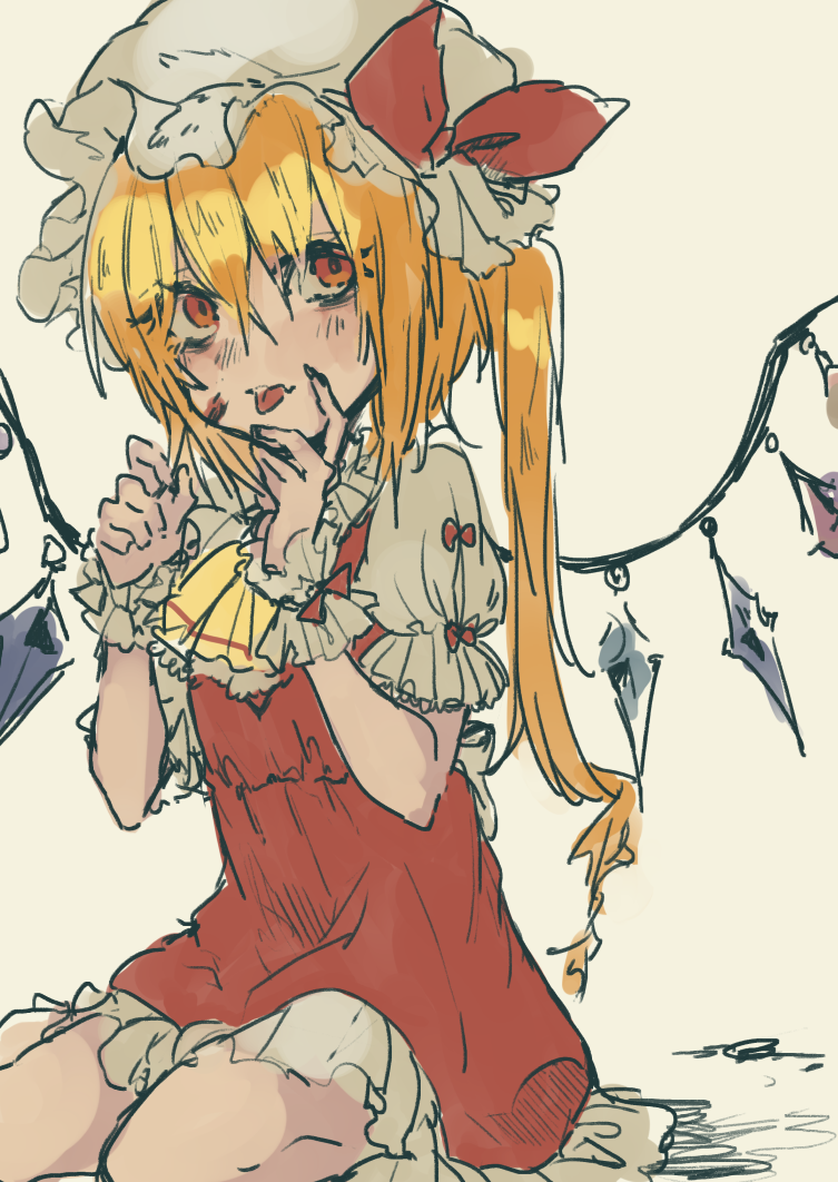 gensou aporo, flandre scarlet, touhou, 1girl, ascot, blonde hair, blood, blood on face, bow, crystal wings, dress, frilled cuffs, frilled dress, frilled hat, frilled sleeves, frills, hair bow, hat, hat bow, long hair, mob cap, one side up, puffy short sleeves, puffy sleeves, red dress, red eyes, shirt, short sleeves, sleeveless, sleeveless dress, solo, tongue, tongue out, white hat, white shirt, wings, wrist cuffs, yellow ascot