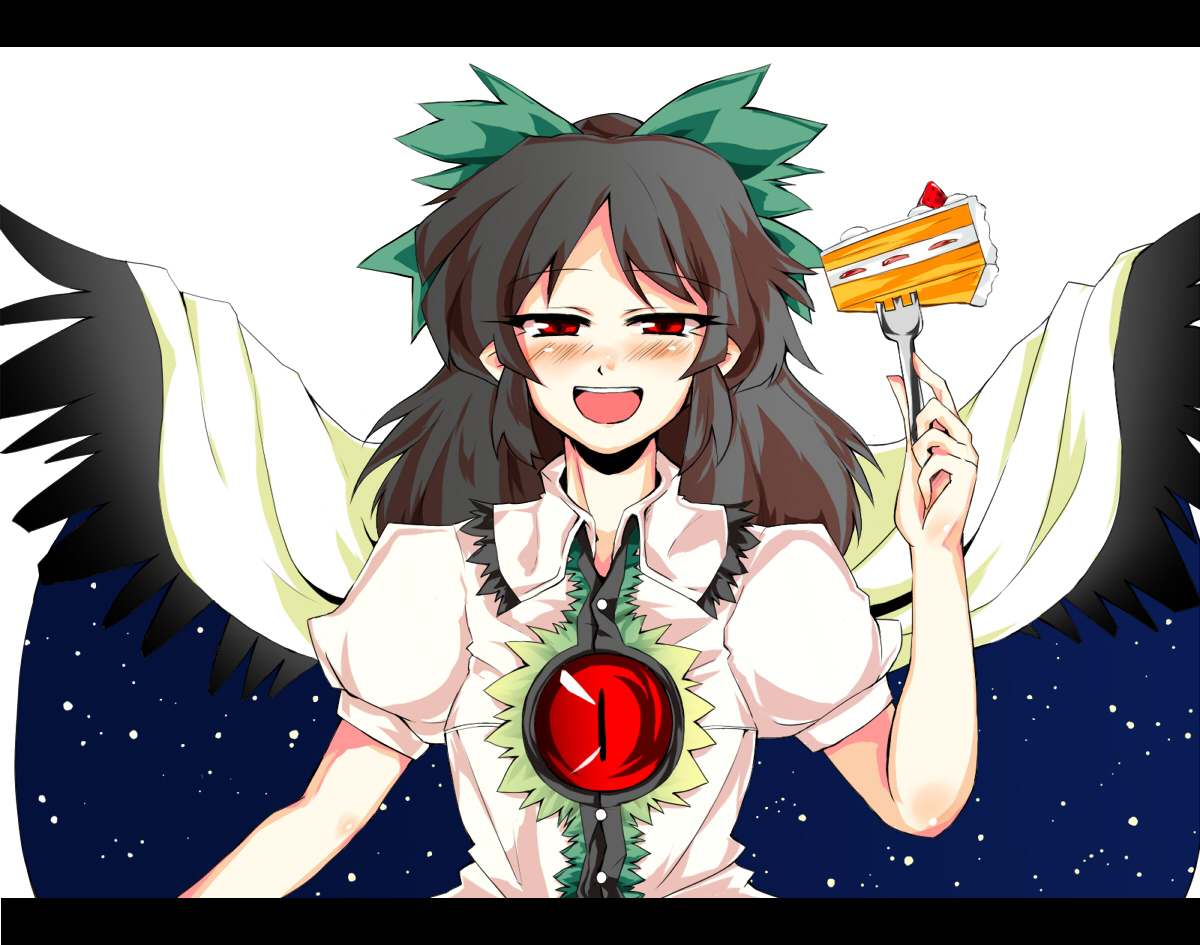 kuze, reiuji utsuho, touhou, 1girl, black hair, blush, cake, female focus, food, letterboxed, pastry, red eyes, ribbon, solo, upper body, white background, wings