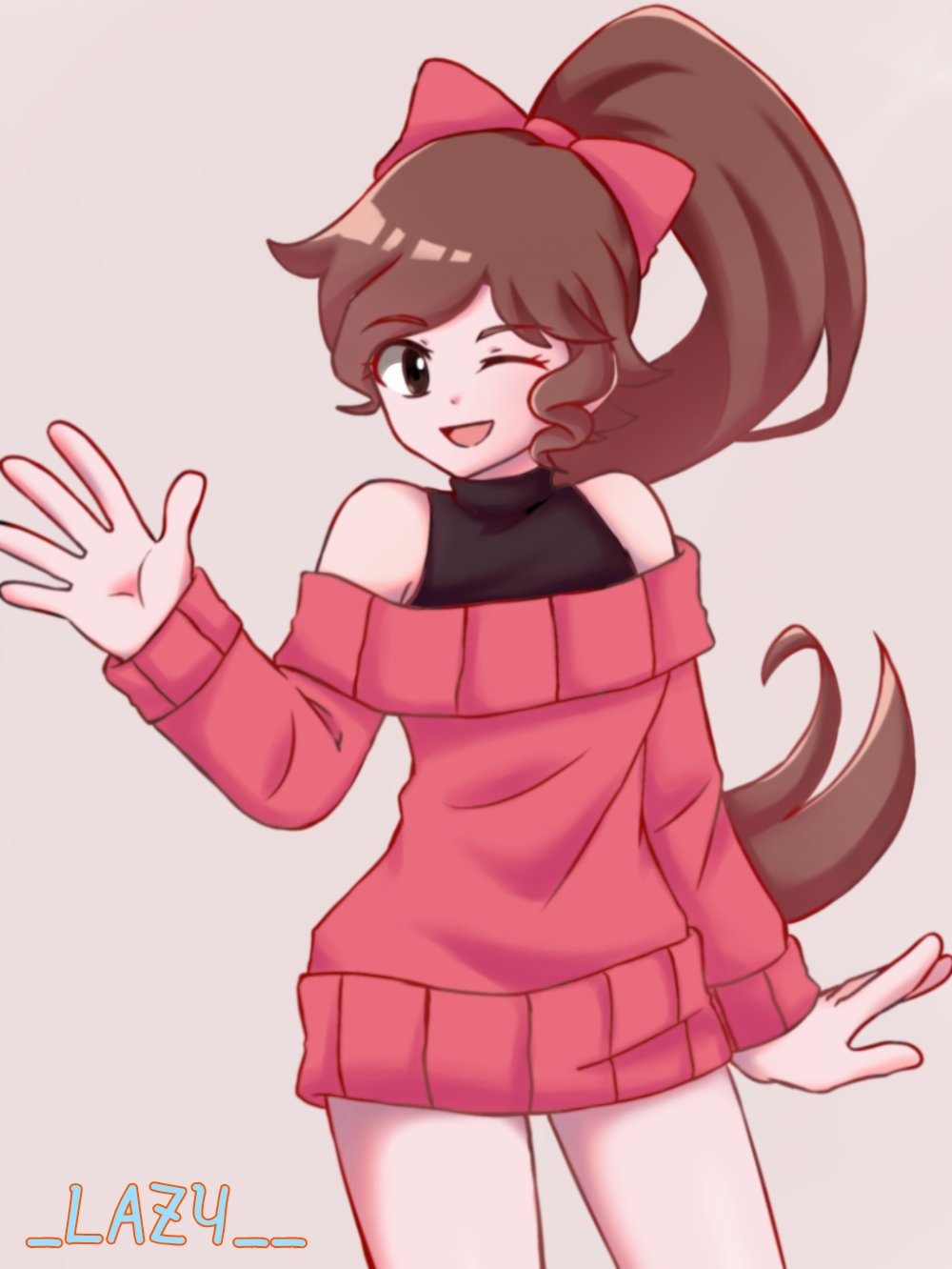 girlfriend (friday night funkin'), friday night funkin', highres, 1girl, bow, brown hair, l a z y g, one eye closed, open mouth, red bow, red sweater, sweater, waving