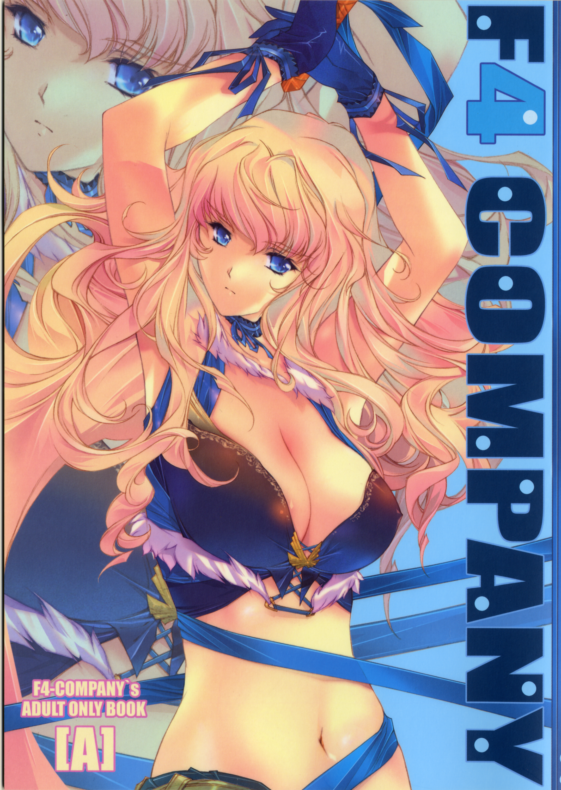 min-naraken, sheryl nome, macross, macross frontier, absurdres, highres, scan, 00s, 1girl, arms up, blonde hair, blue eyes, breasts, choker, cleavage, cover, cover page, crop top, female focus, gloves, large breasts, long hair, microphone, midriff, navel, ribbon, solo, zoom layer