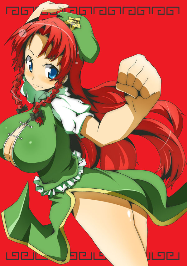 toudori, hong meiling, immaterial and missing power, touhou, 1girl, blue eyes, braid, breasts, female focus, hat, large breasts, long hair, no bra, no panties, red hair, ribbon, solo, twin braids