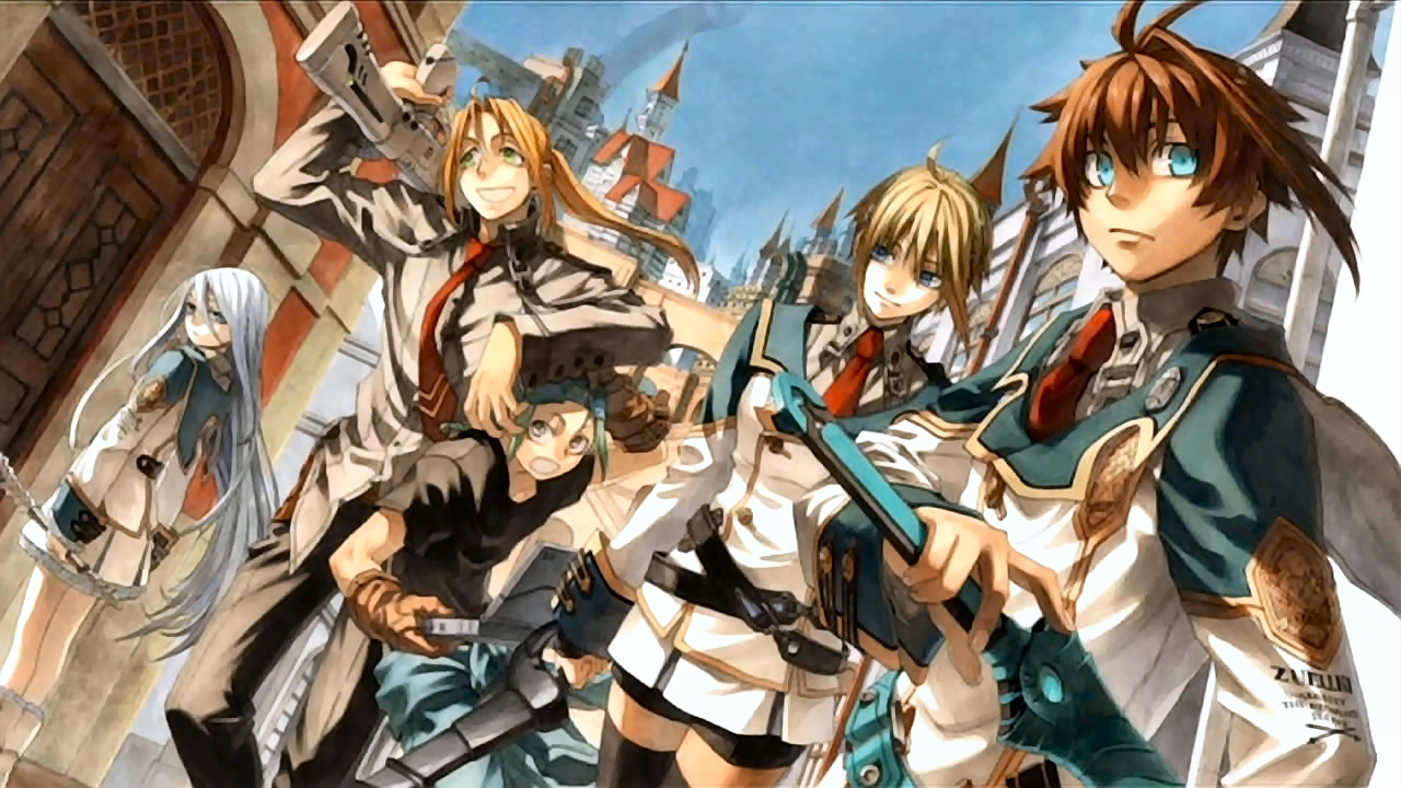 miyuu, felli loss, harley sutton, layfon alseif, nina antalk, sharnid elipton, koukaku no regios, silver hair, uniform, jpeg artifacts, 2girls, 3boys, ahoge, aqua eyes, belt, blonde hair, blue eyes, boots, brown hair, frilled skirt, frills, gloves, green eyes, gun, long hair, multiple boys, multiple girls, necktie, scenery, short hair, skirt, sword, thighhighs, very long hair, weapon, zettai ryouiki