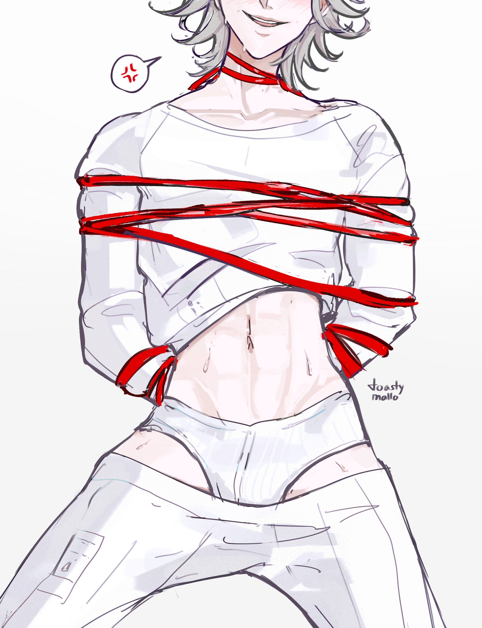 aotsuki eito, the hundred line -last defense academy-, bad id, bad twitter id, highres, 1boy, anger vein, artist name, bound, bound arms, bound torso, clothes pull, collarbone, grey hair, grin, head out of frame, male focus, male underwear, navel, pants, pants pull, shirt, short hair, simple background, smile, solo, spoken anger vein, sweat, toasty mallo, underwear, white background, white male underwear, white shirt