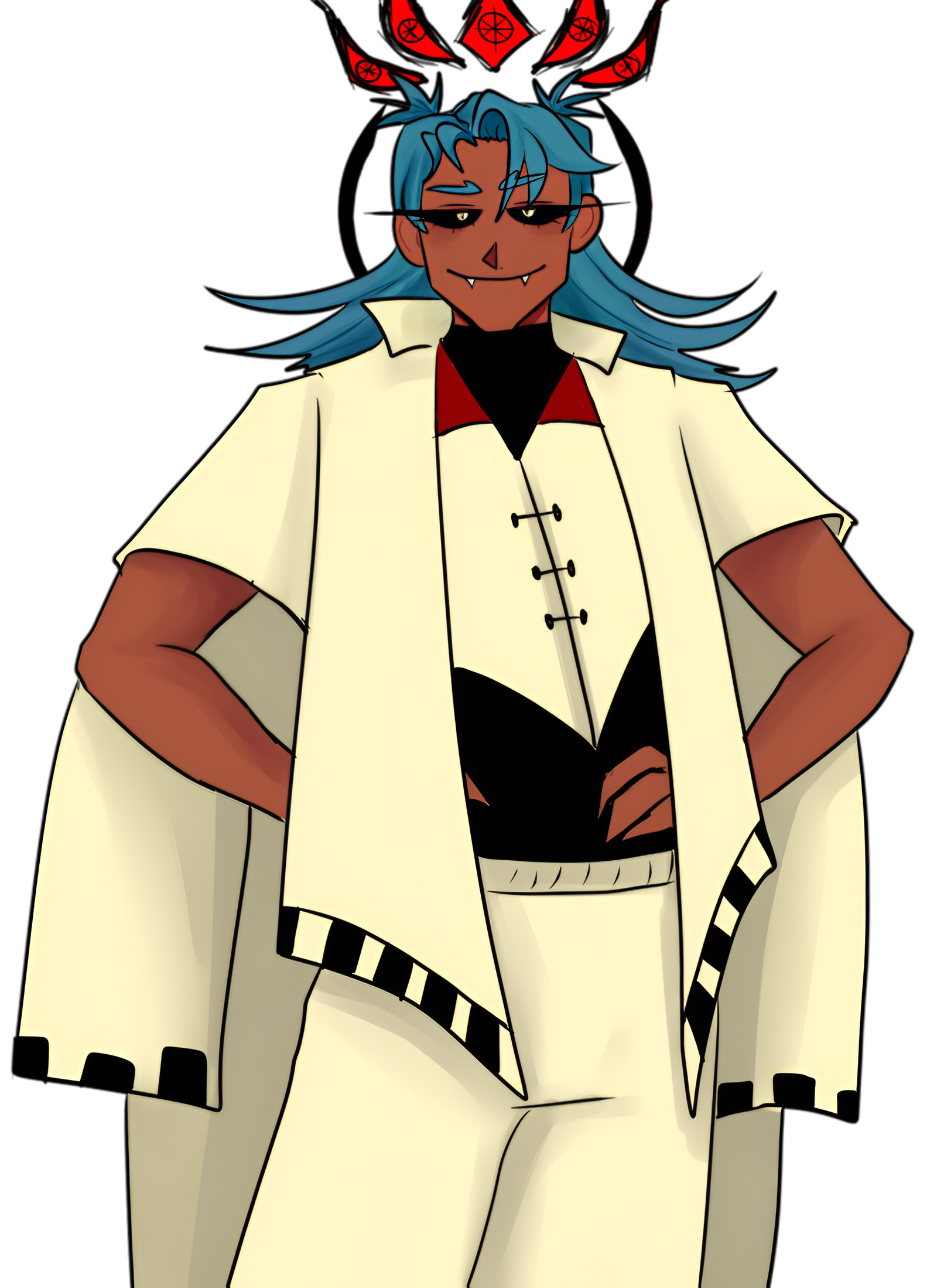 highres, blue hair, dark-skinned male, dark skin, formal clothes, long hair, looking at viewer, male focus, quinque (to eat a god), smile, suit, to eat a god, upper body, video game, visual novel, white suit, yellow eyes