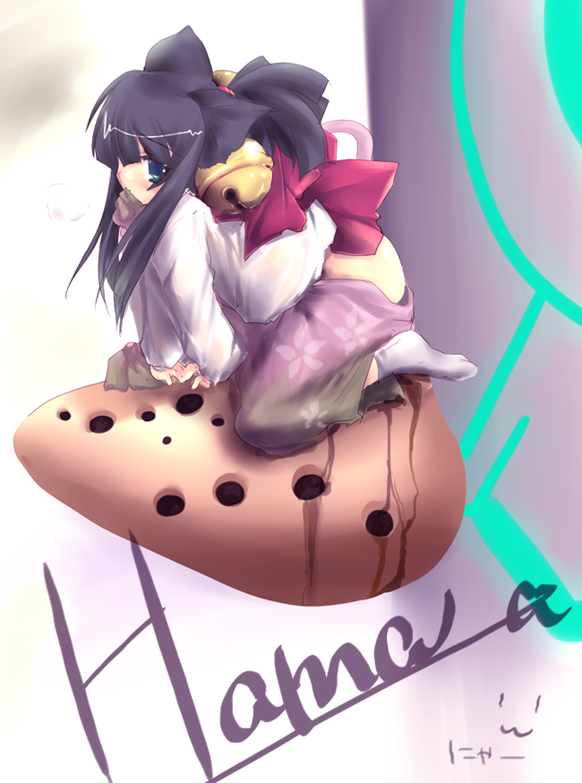kimura shuuichi, hama (ar tonelico), ar tonelico, ar tonelico i, gust, 00s, 1girl, bell, dripping, female focus, instrument, long hair, mini person, minigirl, mouth hold, ocarina, sexually suggestive, solo, wet