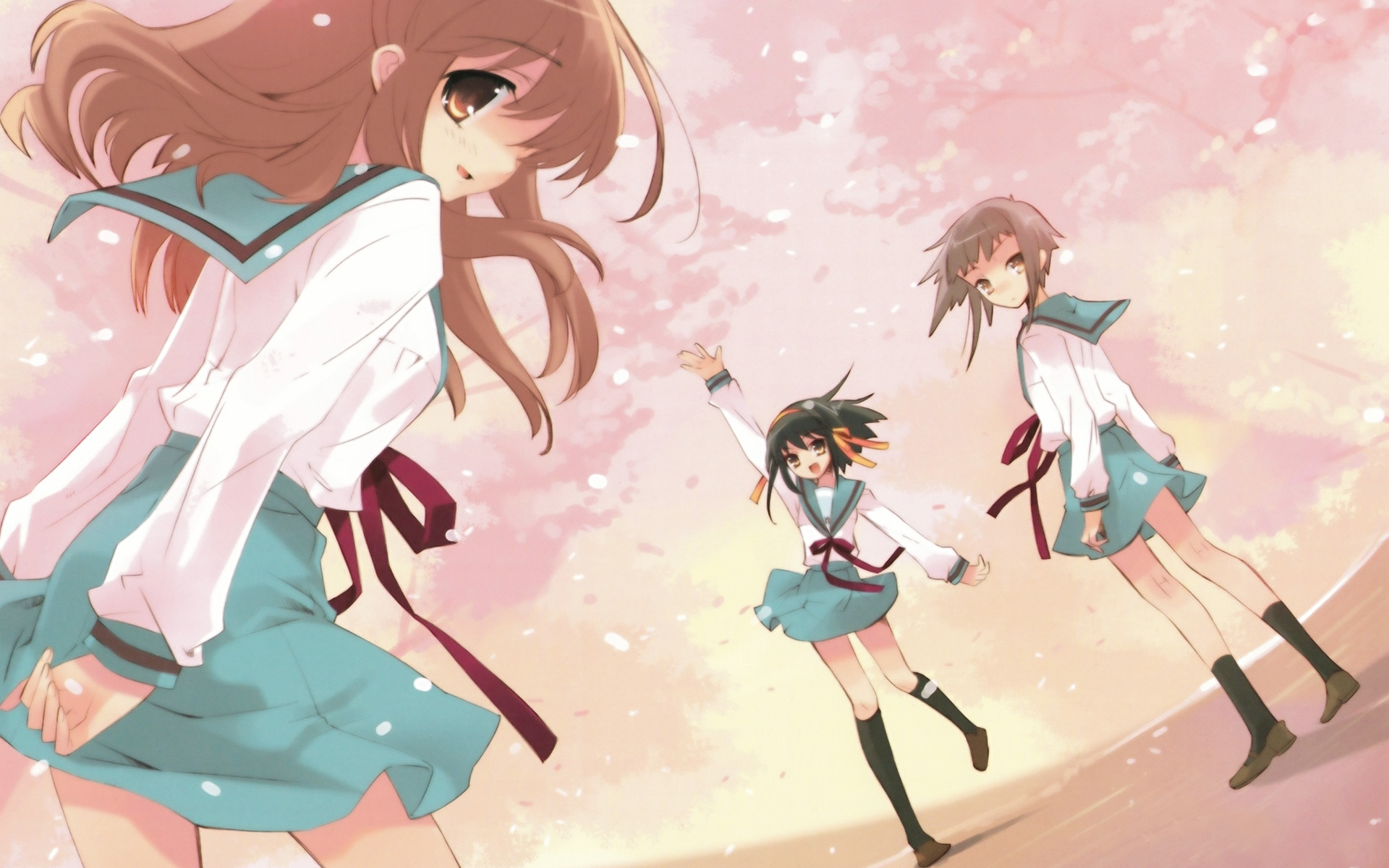ito noizi, asahina mikuru, nagato yuki, suzumiya haruhi, suzumiya haruhi no yuuutsu, silver hair, highres, non-web source, 00s, 3girls, brown eyes, brown hair, cherry blossoms, dutch angle, hairband, long hair, multiple girls, school uniform, serafuku, short hair, skirt, waving