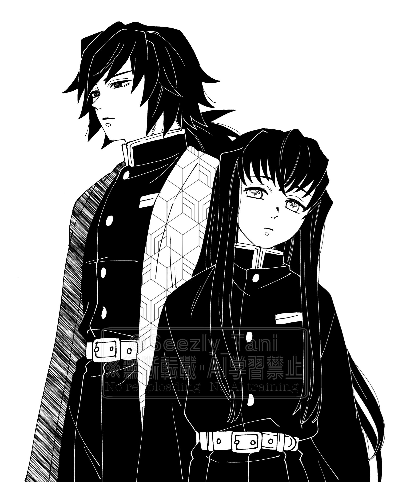 seezly tani, tokitou muichirou, tomioka giyuu, kimetsu no yaiba, highres, 2boys, belt, buttons, closed mouth, demon slayer uniform, empty eyes, english text, greyscale, hair between eyes, haori, japanese clothes, kikkoumon, long hair, long sidelocks, looking at viewer, male focus, monochrome, multiple boys, sidelocks, simple background, white background