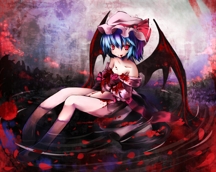 sho (runatic moon), remilia scarlet, touhou, silver hair, 1girl, bare legs, bat wings, blood, blush, female focus, hat, knees up, long sleeves, looking at viewer, mob cap, off shoulder, red eyes, sitting, solo, water, wings