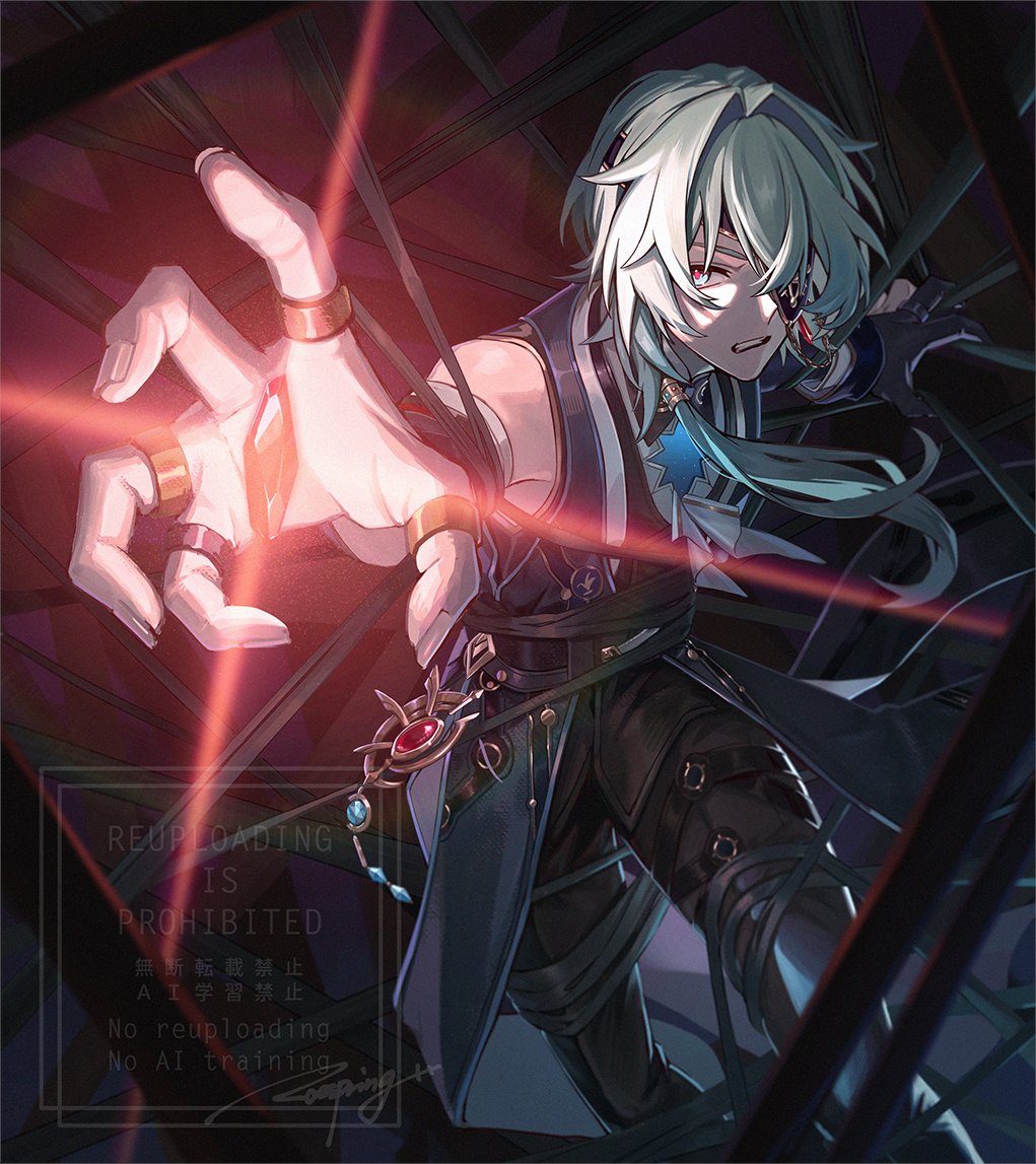 sudooru haru, anaxa (honkai: star rail), honkai: star rail, honkai (series), 1boy, aqua hair, ascot, black pants, chain, clenched teeth, earrings, english text, eyepatch, gem, hair between eyes, hair intakes, jewelry, lapels, male focus, mandarin collar, medium hair, notched lapels, one eye covered, pants, red gemstone, shirt, side ponytail, single earring, solo, teeth, watermark, white ascot, white shirt