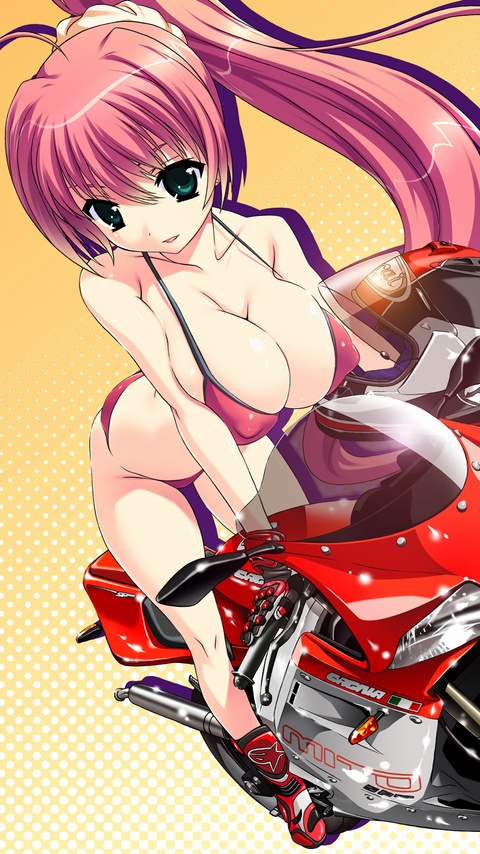 imanaka koutarou, original, vehicle, non-web source, 1girl, bikini, boots, breasts, cleavage, covered erect nipples, female focus, gloves, green eyes, long hair, motor vehicle, motorcycle, pink hair, ponytail, solo, swimsuit