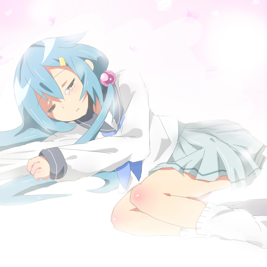 uiko, original, bad id, bad pixiv id, blue hair, closed eyes, long hair, school uniform, skirt, solo, tears