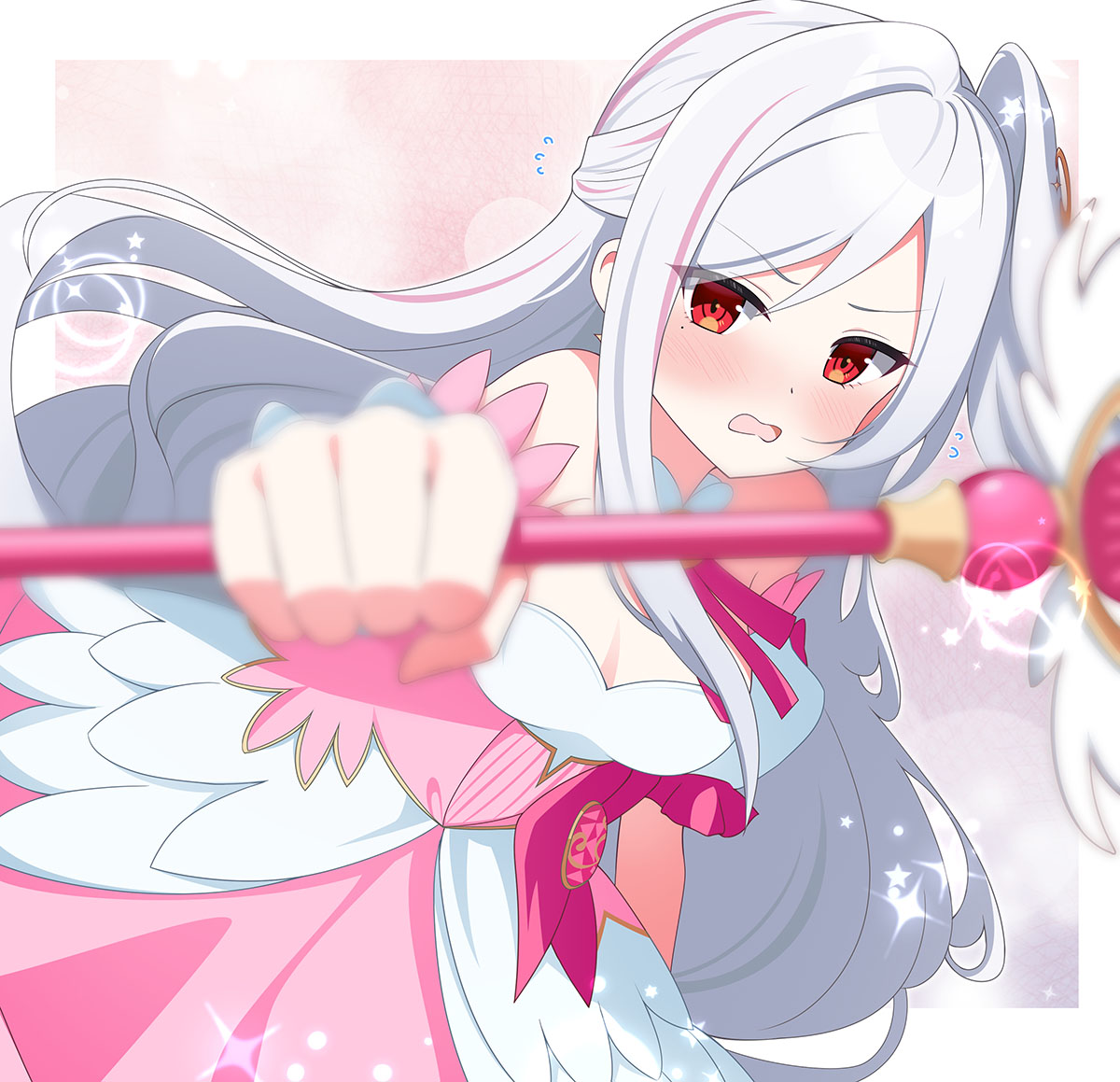 eko, suzumi (blue archive), blue archive, commentary request, 1girl, blurry, blurry foreground, blush, breasts, depth of field, dress, head wings, holding, holding wand, long hair, looking at viewer, magical girl, multicolored hair, open mouth, pink hair, red eyes, single head wing, small breasts, solo, streaked hair, suzumi (magical) (blue archive), two-tone hair, wand, white hair, wings