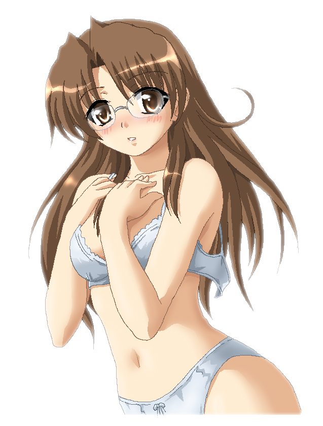 hayashiya zankurou, mizuhara koyomi, azumanga daiou, 1girl, blush, bow, bow panties, bra, brown eyes, brown hair, dutch angle, female focus, glasses, lingerie, long hair, panties, solo, underwear, underwear only, undressing
